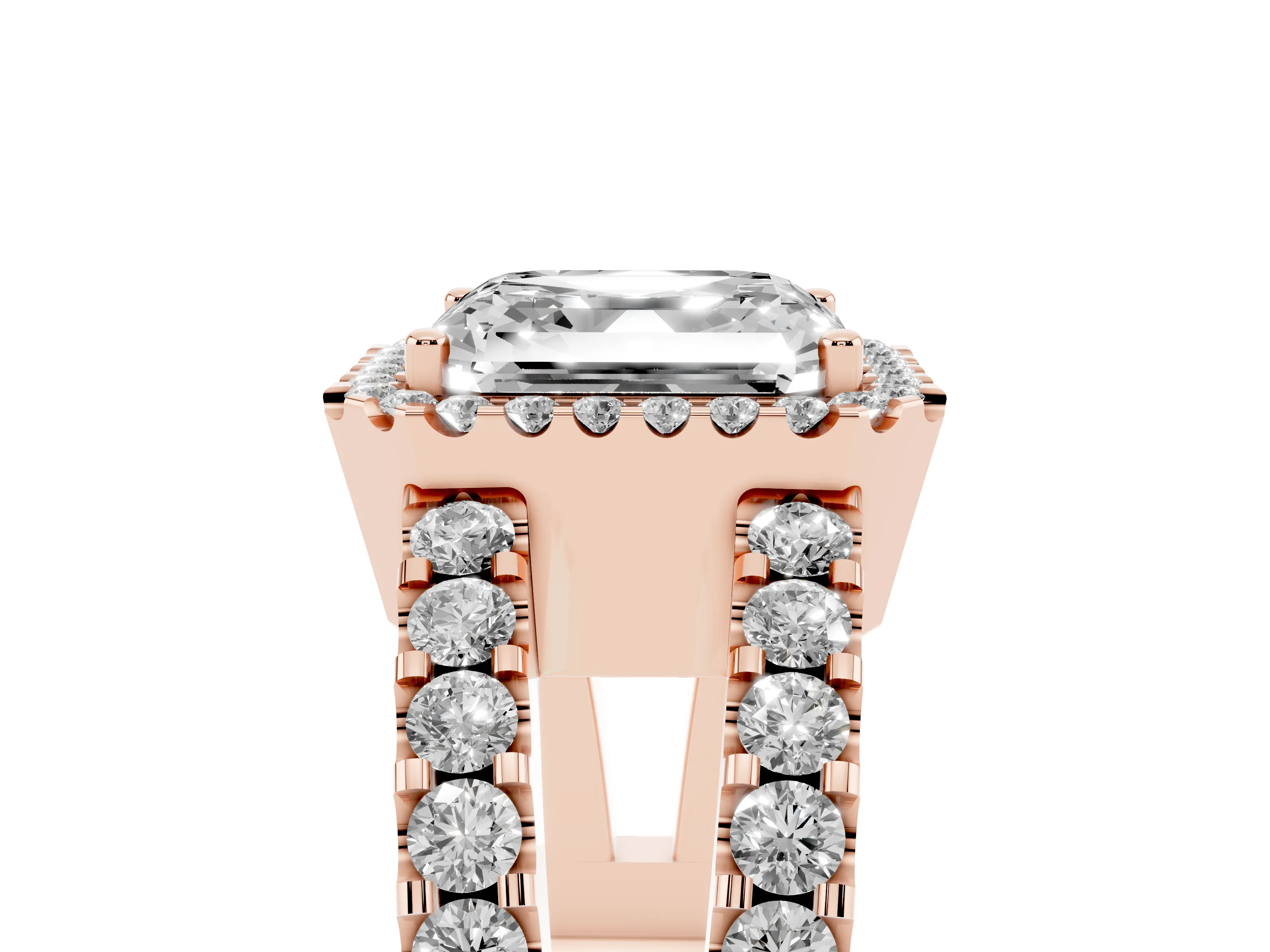 Asscher Cut Diamond Halo Ring Set in Rose gold with Pavé Split Shank and Prong Setting