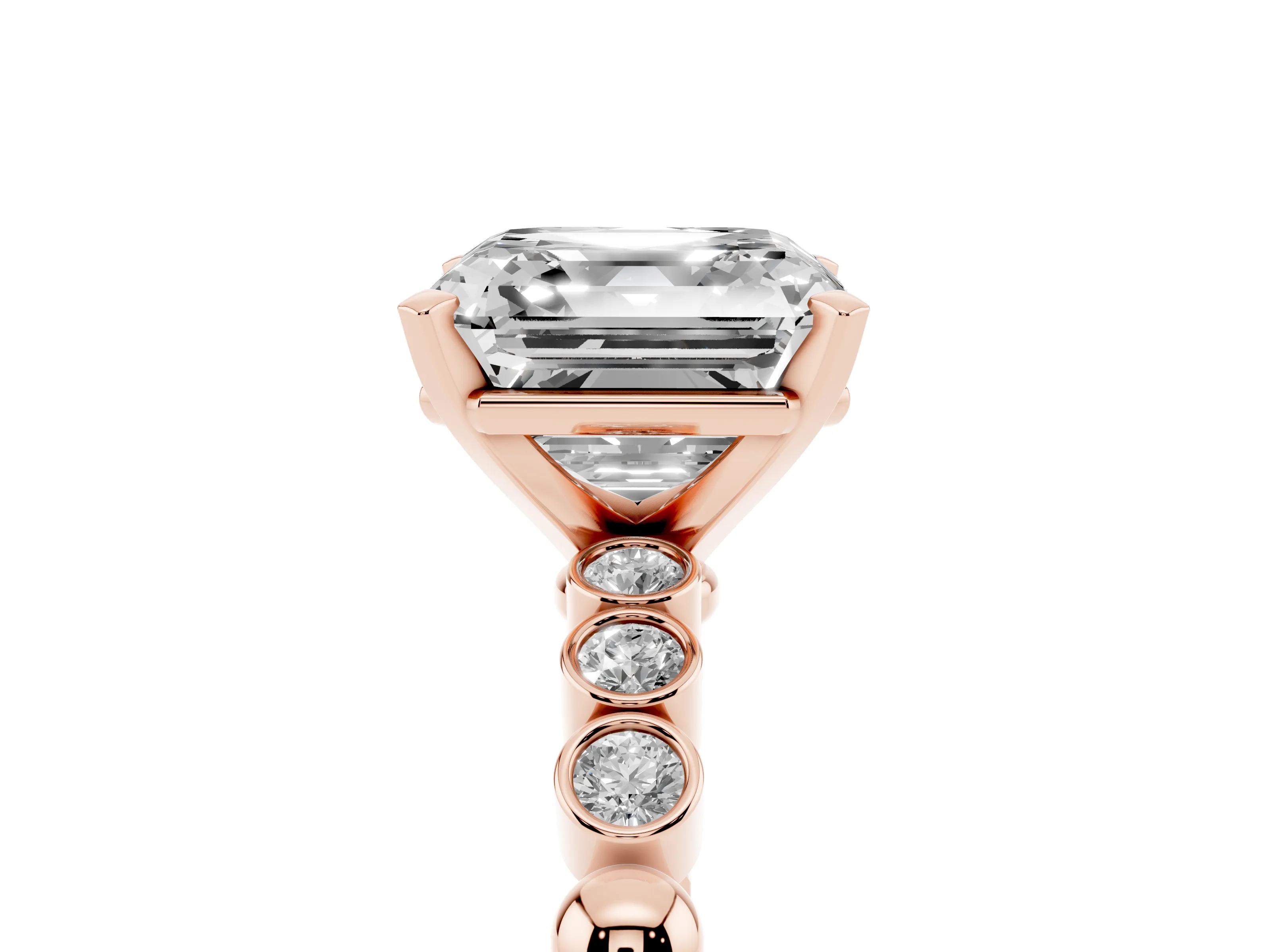 Asscher Cut Diamond Solitaire Engagement Ring Set in Rose gold with Bezel Accents on Beaded Band