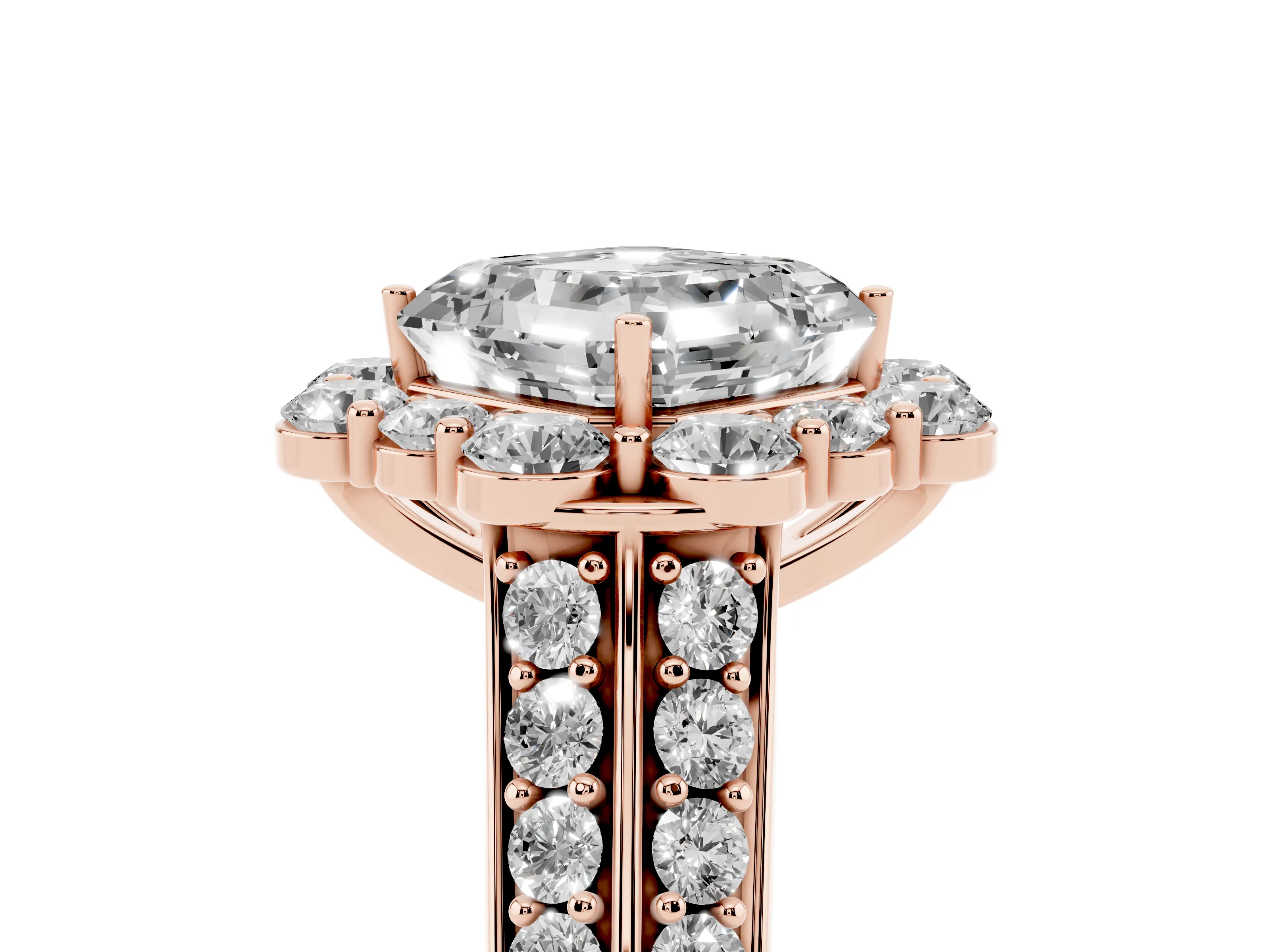 Asscher Cut Diamond Halo Engagement Ring Set in Rose gold with Split Shank and Prong Setting