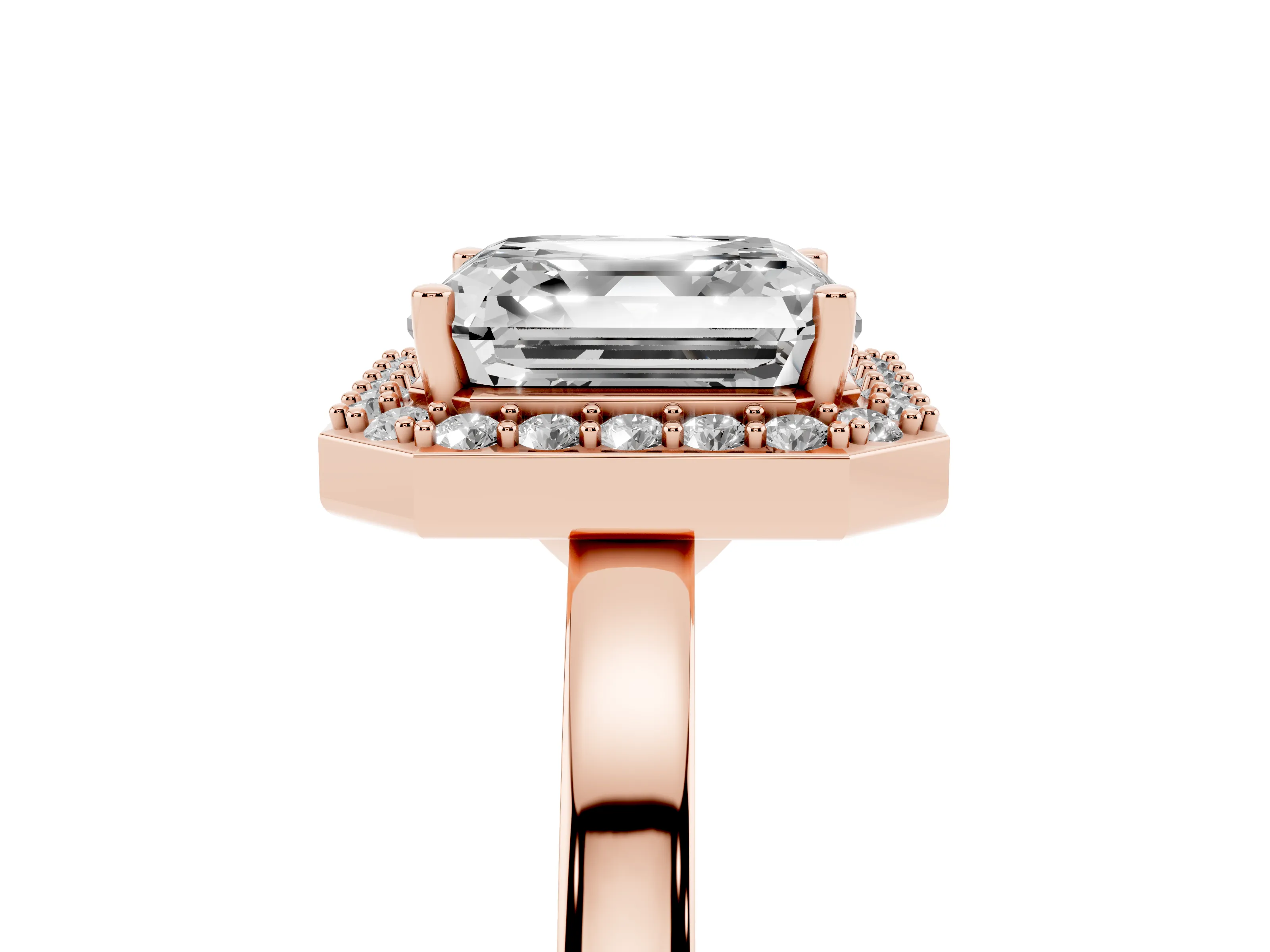 Asscher Cut Diamond Halo Ring Set in Rose gold with Solitaire Band and Prong Setting