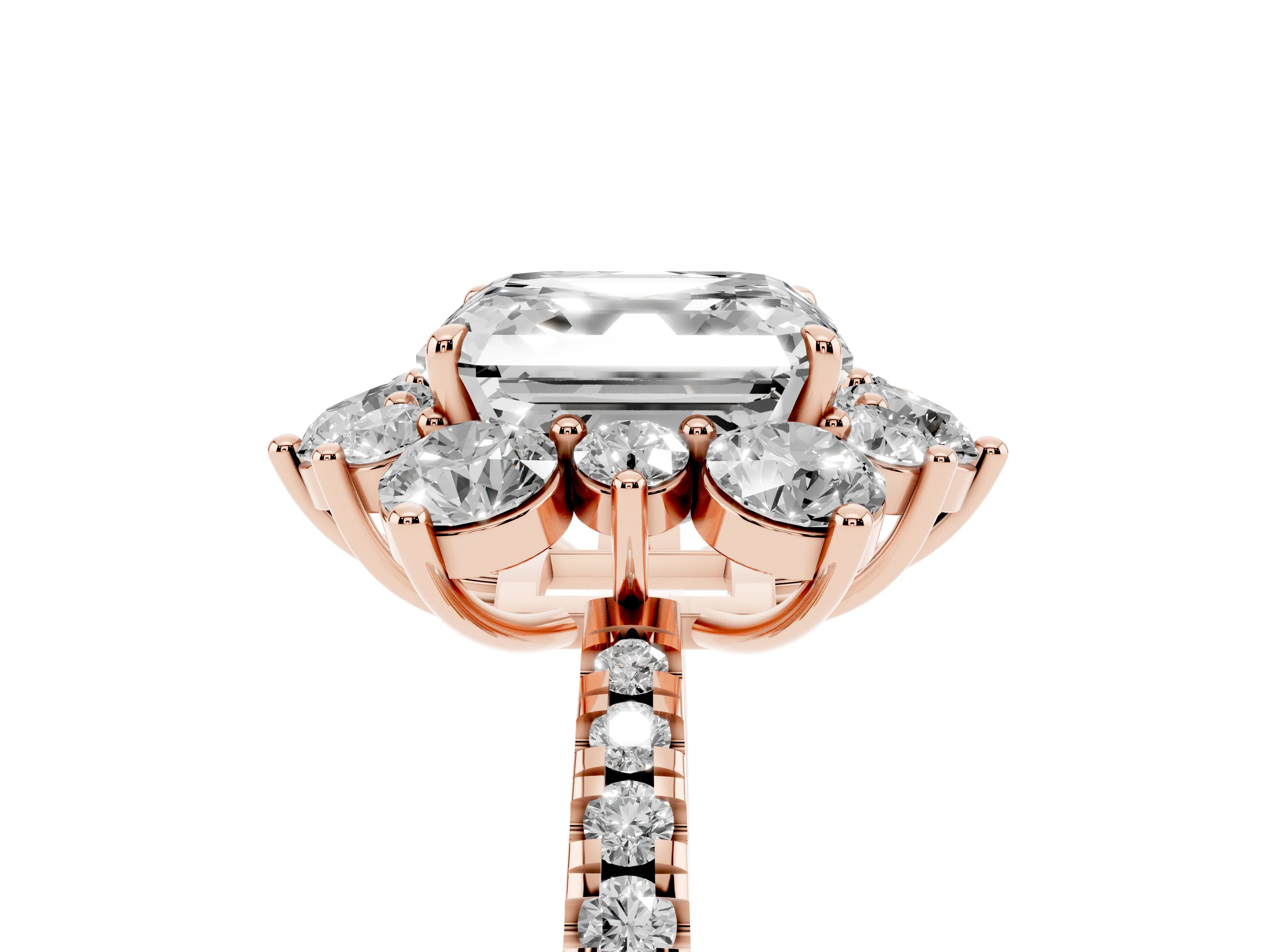 Asscher Cut Diamond Floral Halo Ring Set in Rose gold with Round Pavé Band and Prong Setting