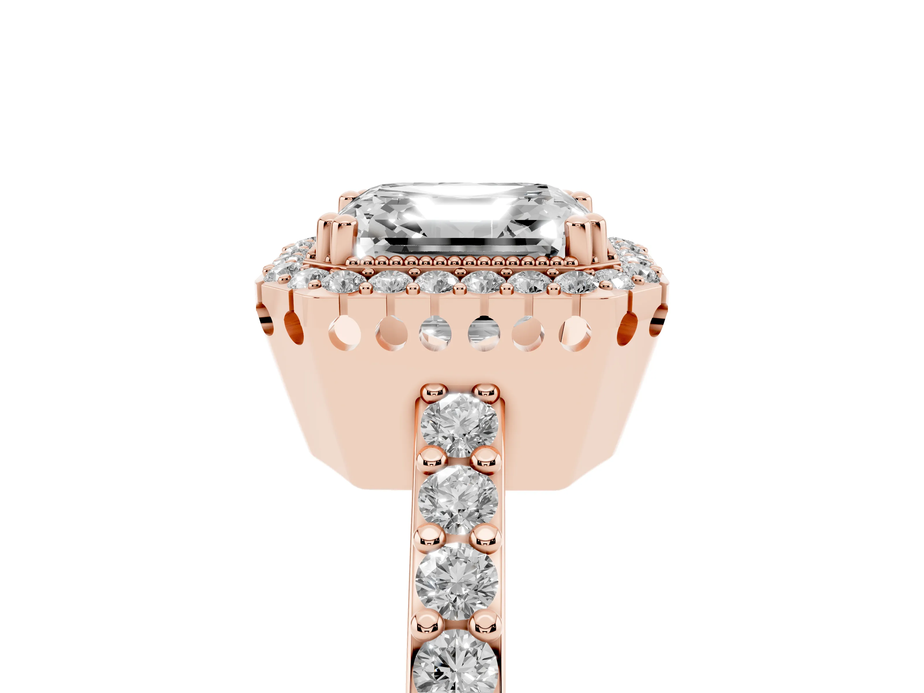 Asscher Cut Diamond Halo Engagement Ring Set in Rose gold with Milgrain Detail and Pavé Band