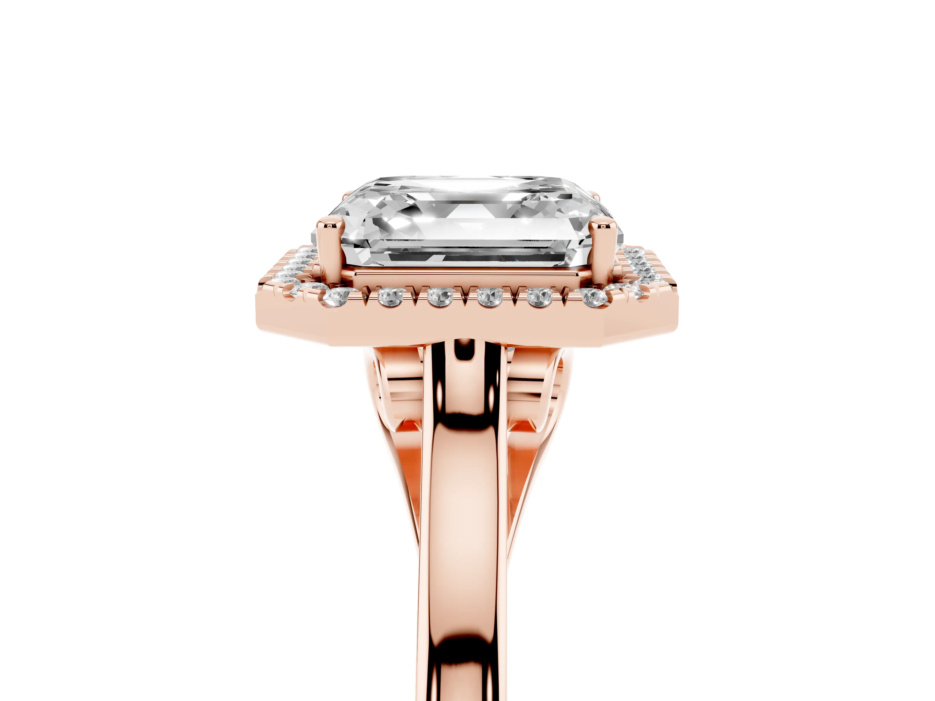 Asscher Cut Halo Round Diamond Solitaire Ring Set in Rose gold with Pavé Band and Prong Setting