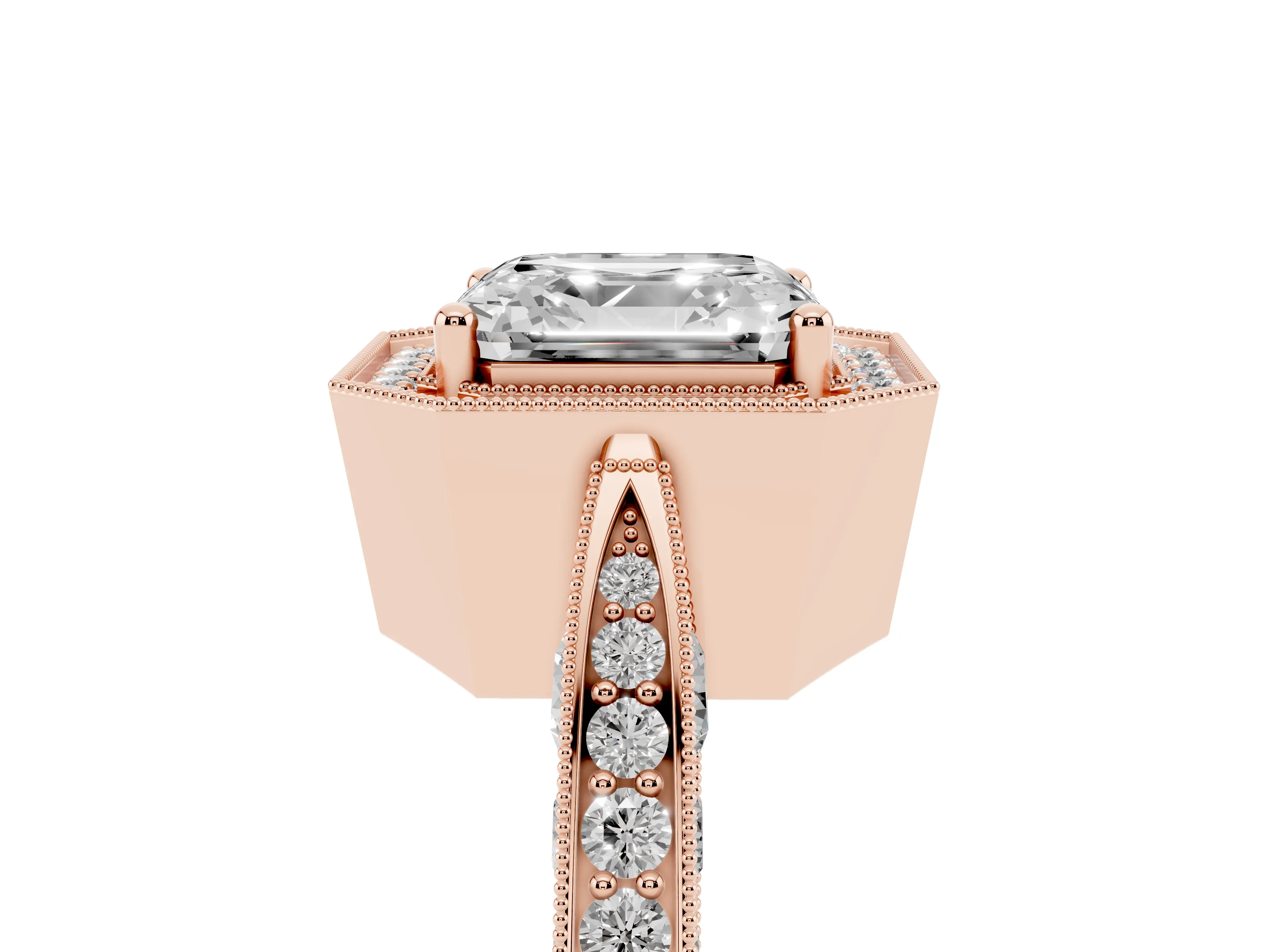 Asscher Cut Diamond Halo Engagement Ring Set in Rose gold with Accent Split Shank Band