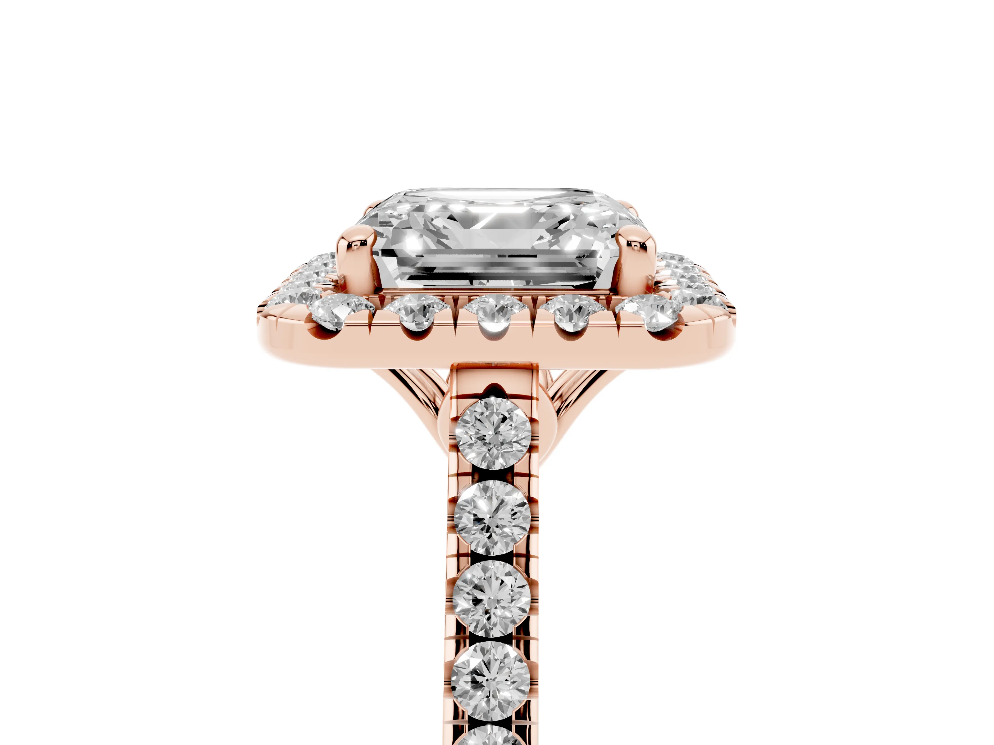 Asscher Cut Diamond Pavé Halo Engagement Ring Set in Rose gold with Pavé Band and Prong Setting