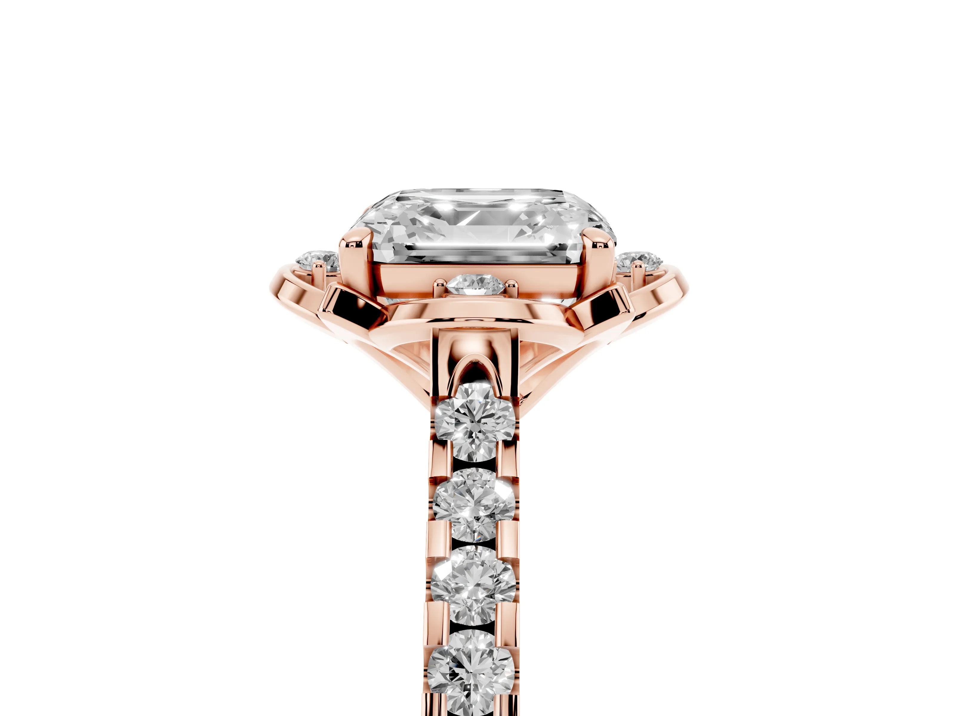 Asscher Cut Diamond Solitaire Ring Set in Rose gold with Pavé Band and Floral Prong Setting