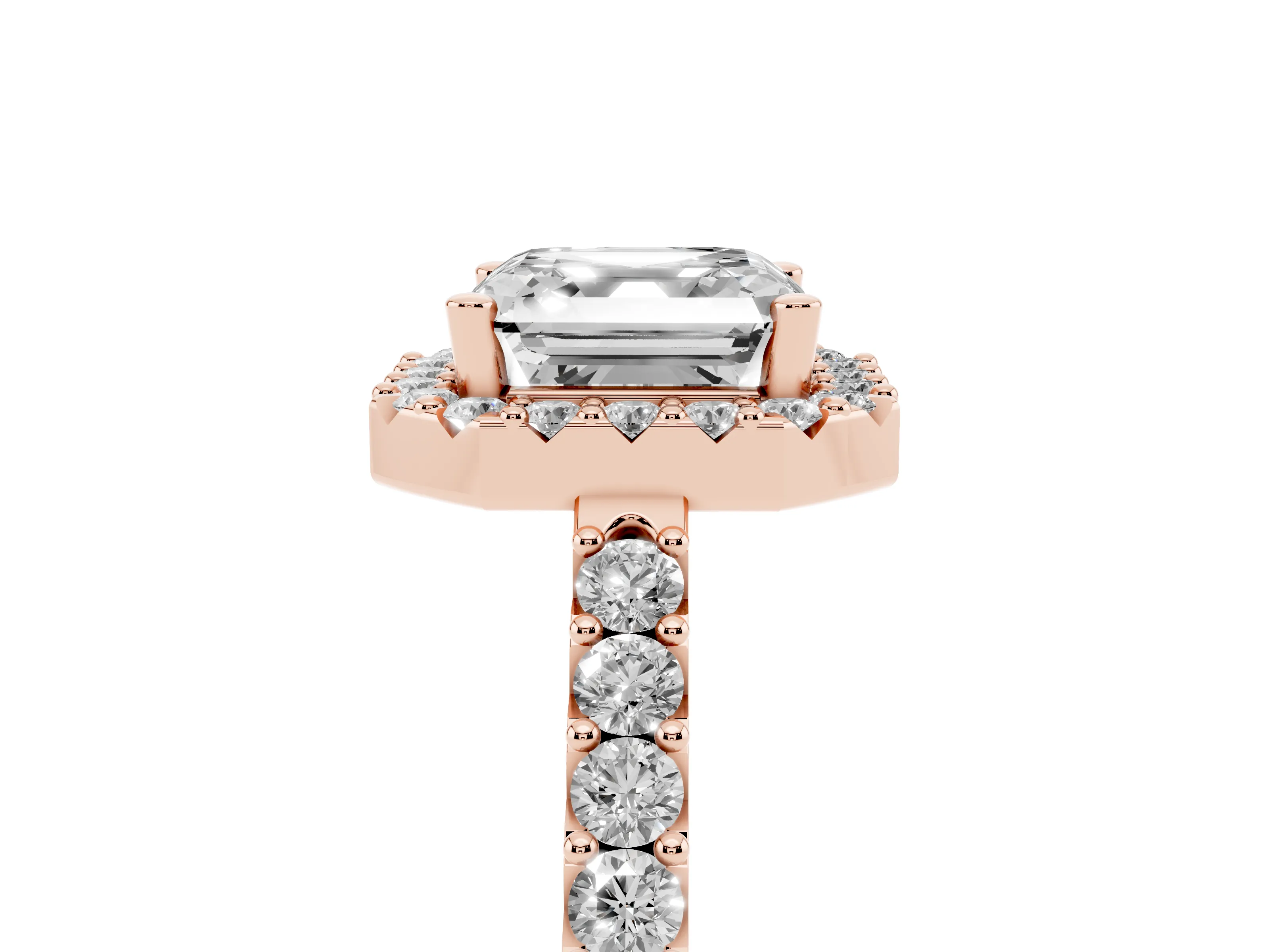 Asscher Cut Diamond Halo Pavé Solitaire Ring Set in Rose gold with Prong-Set Center Stone