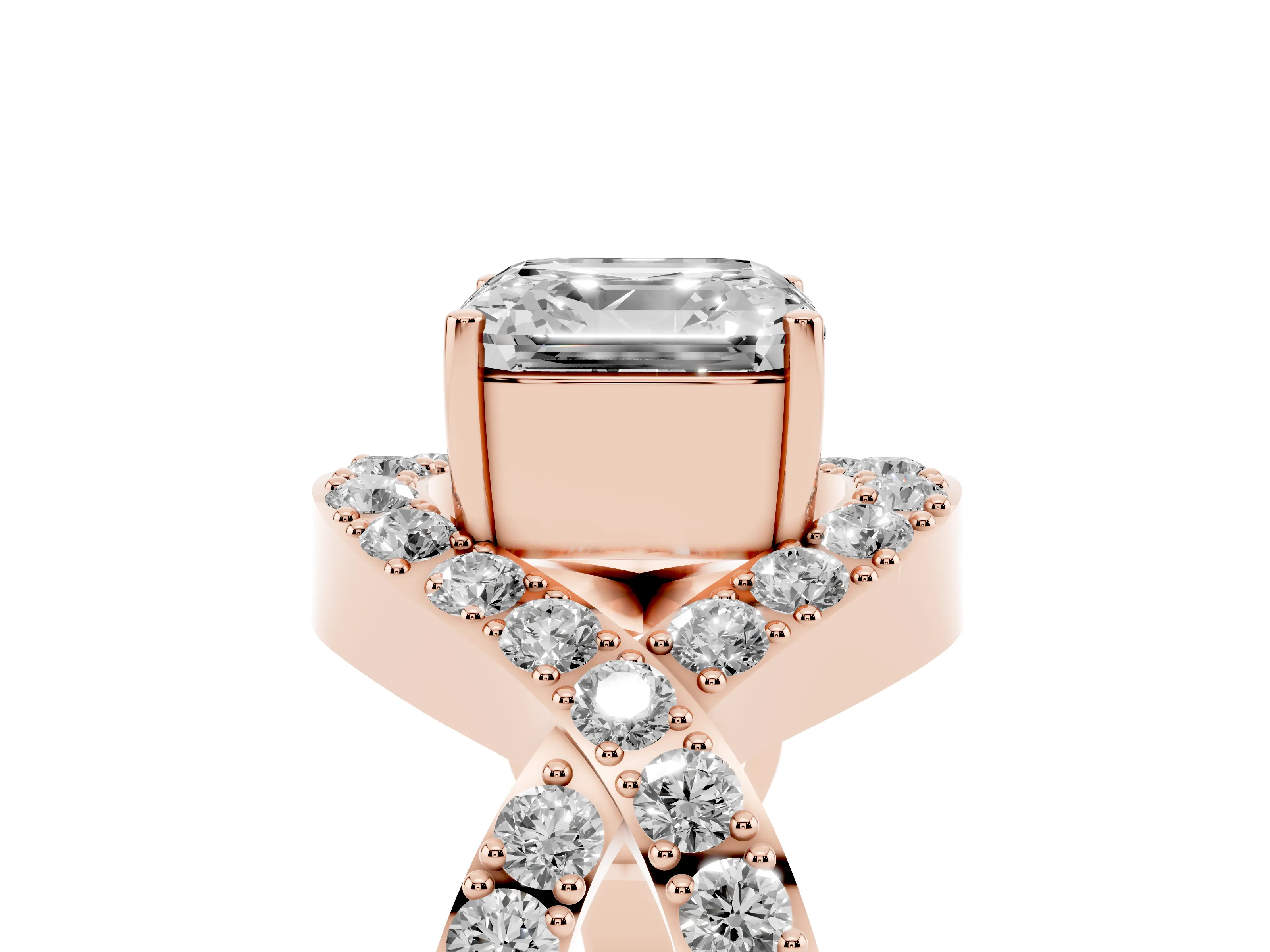 Asscher Cut Diamond Solitaire Twist Band Pavé Engagement Ring Set in Rose gold