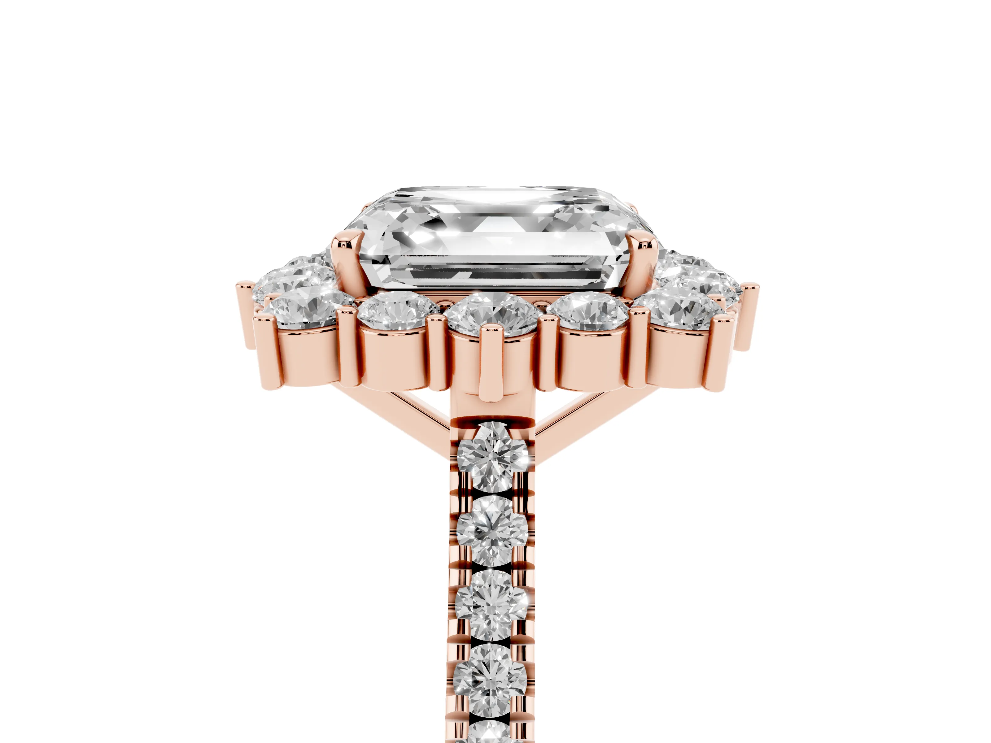 Asscher Cut Diamond Halo Ring Set in Rose gold with Pavé Band and Prong Setting