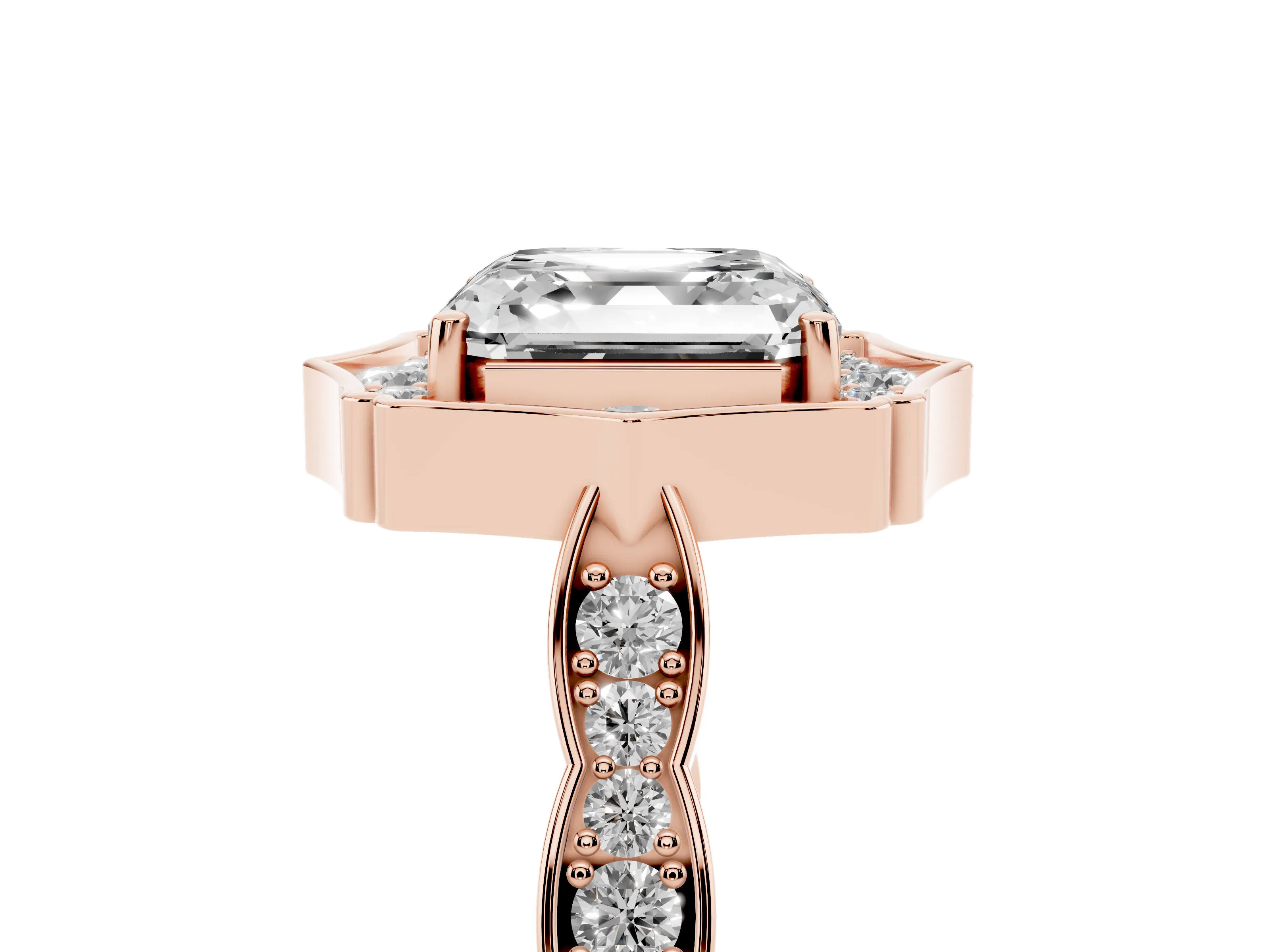 Asscher Cut Diamond Halo Engagement Ring Set in Rose gold with Milgrain Band and Prong Setting
