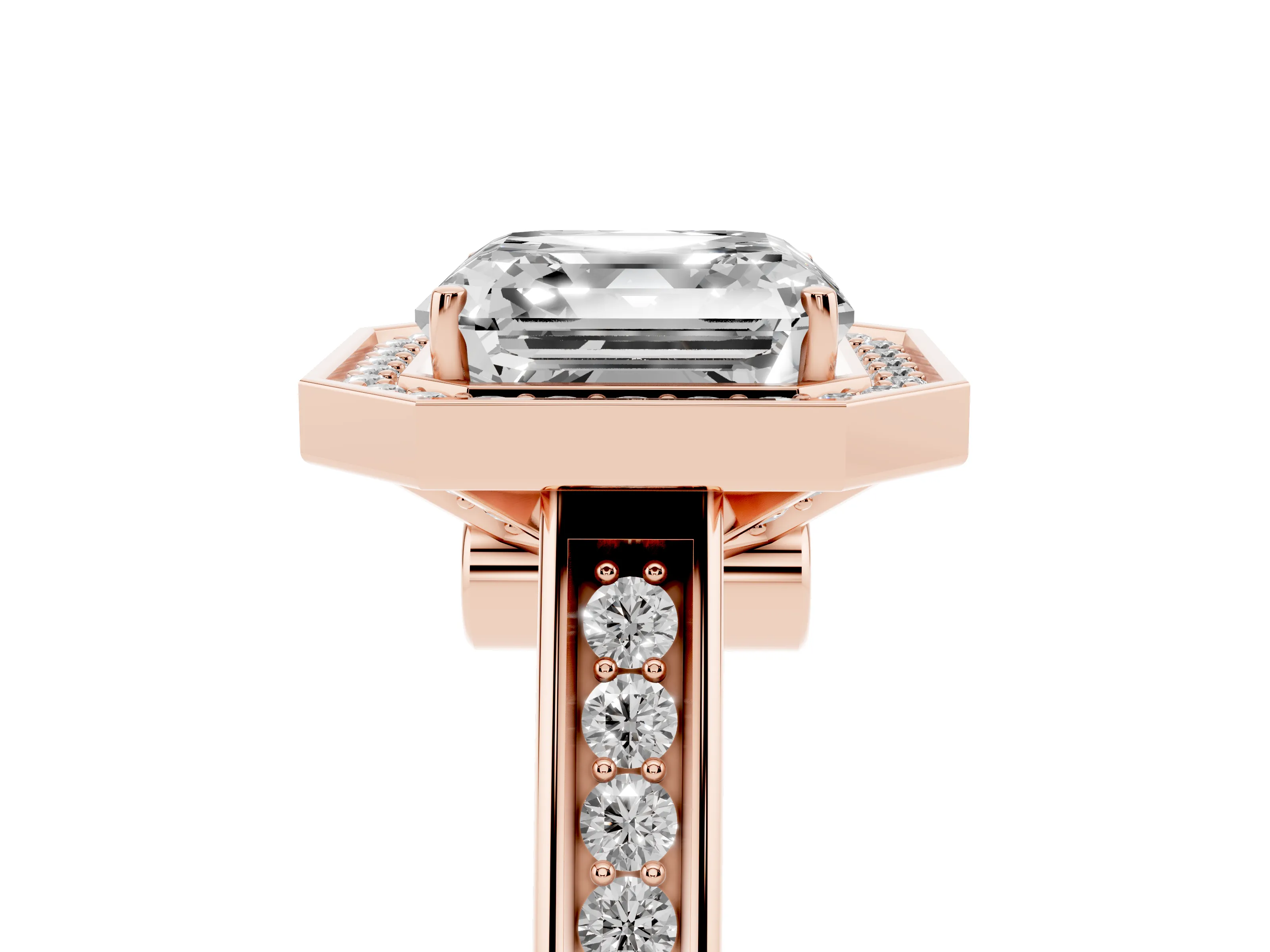 Asscher Cut Diamond Halo Solitaire Ring Set in Rose gold with Pavé Band and Bezel Setting