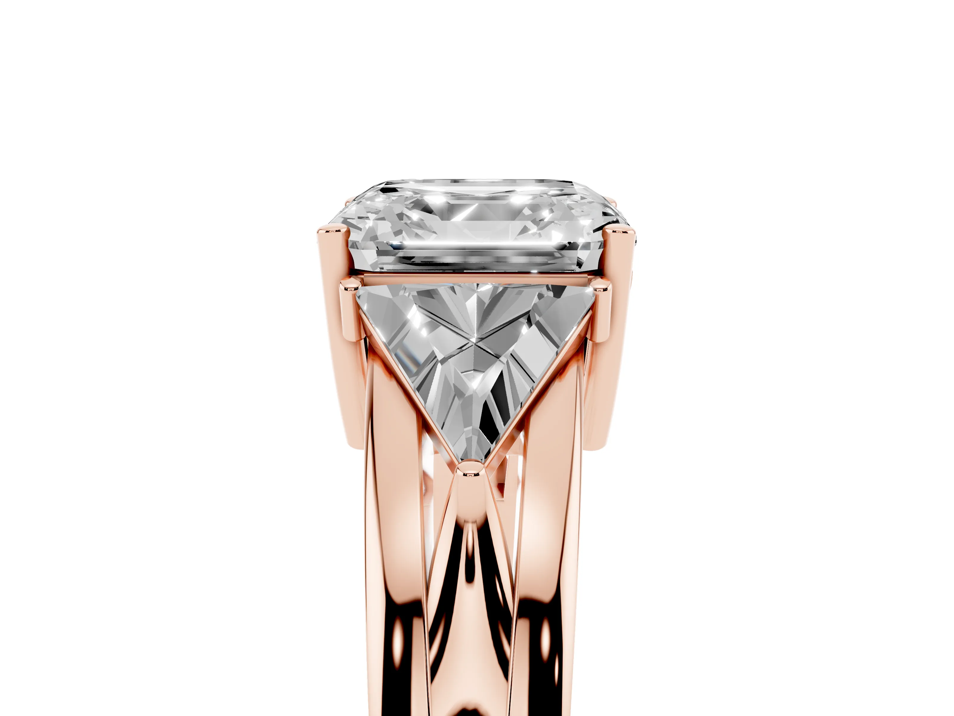 Asscher Cut Diamond Three-Stone Ring Set in Rose gold with Trillion Side Stones and Split Shank
