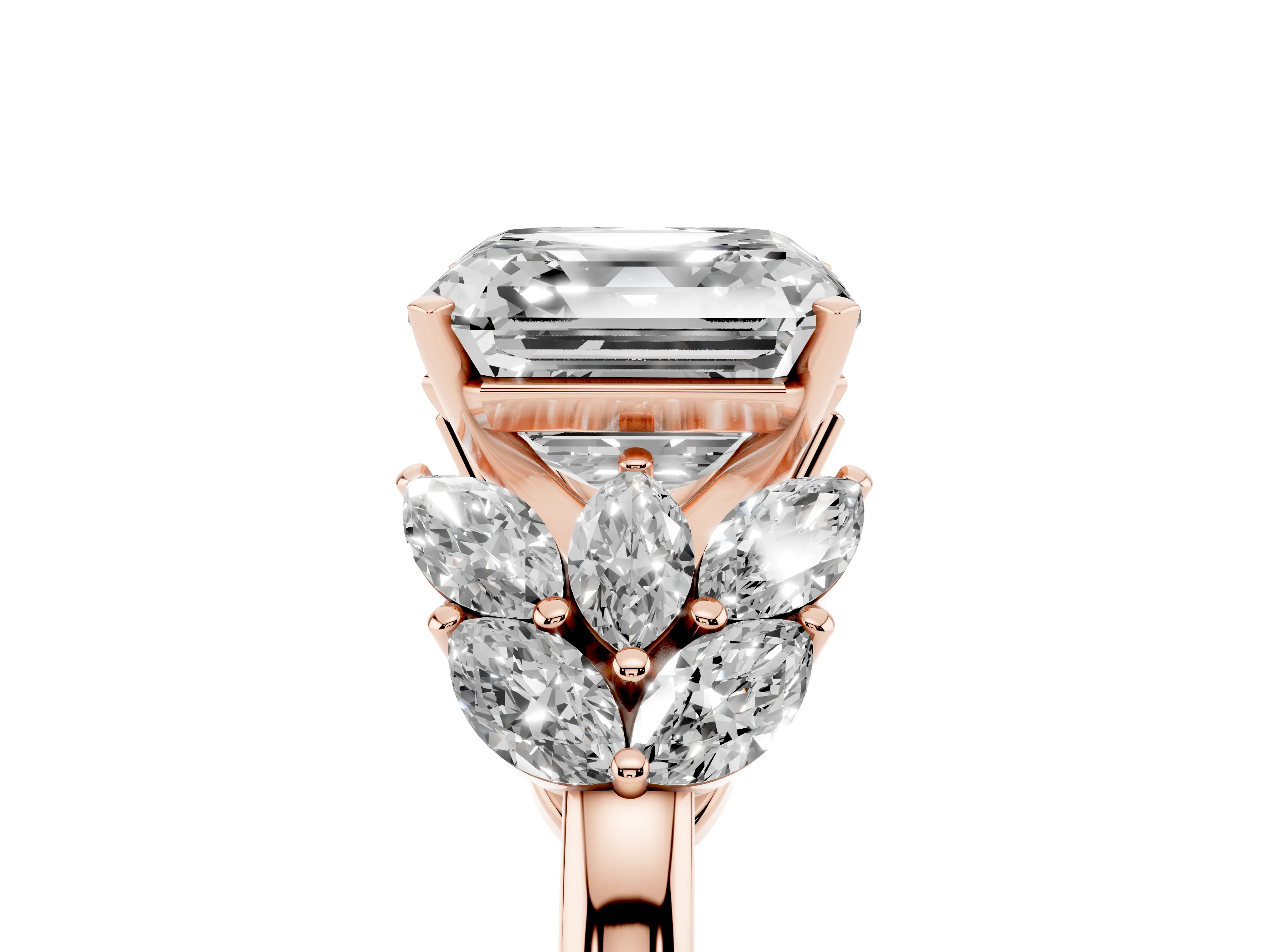 Asscher Cut Diamond Cluster Leaf Design Ring Set in Rose gold with Prong Setting