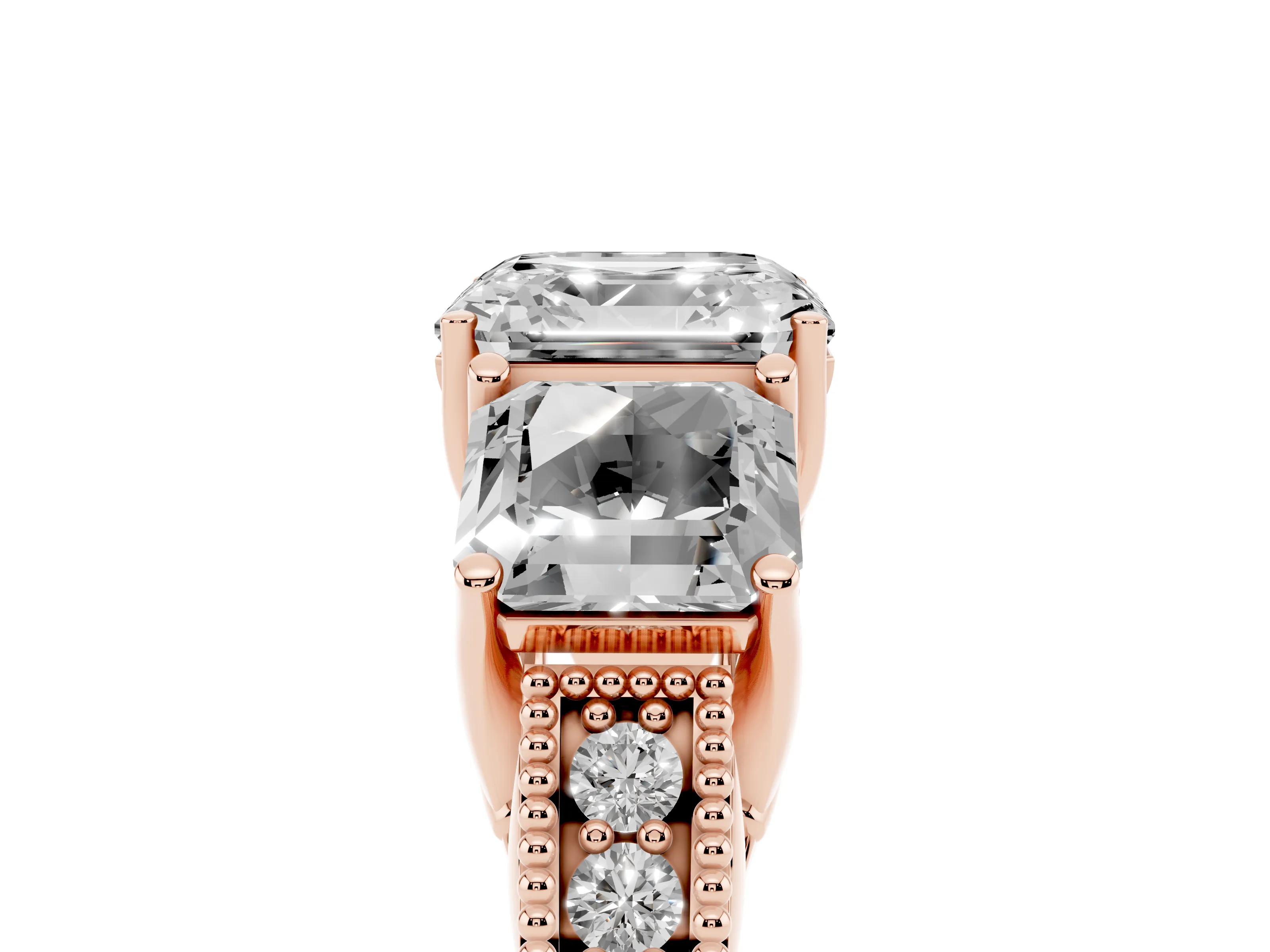 Asscher Cut Diamond Three-Stone Engagement Ring Set in Rose gold with Milgrain Pavé Band