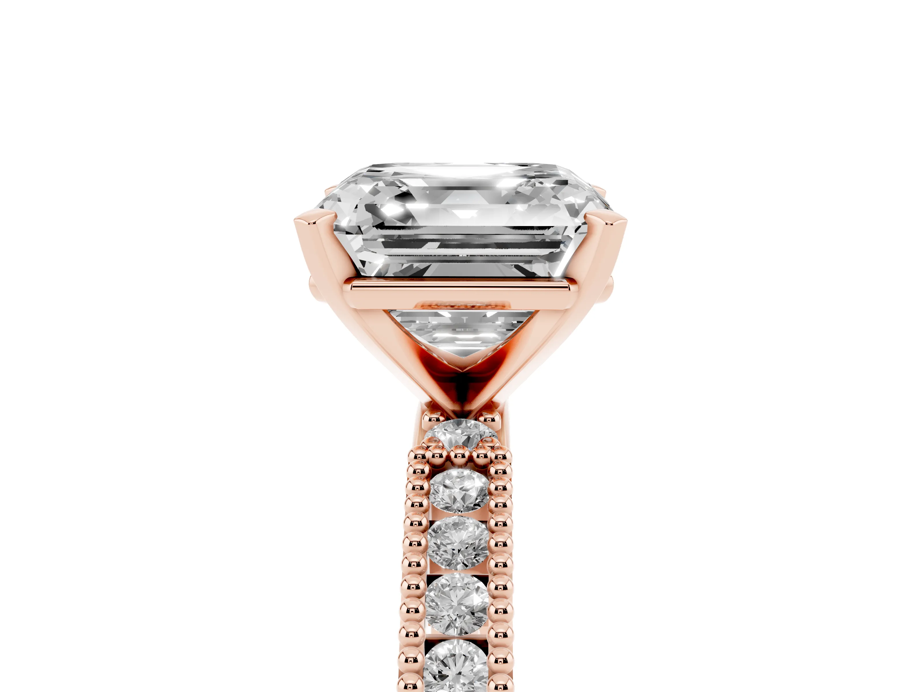 Asscher Cut Diamond Solitaire Ring Set in Rose gold with Slim Pavé Band and Prong Setting