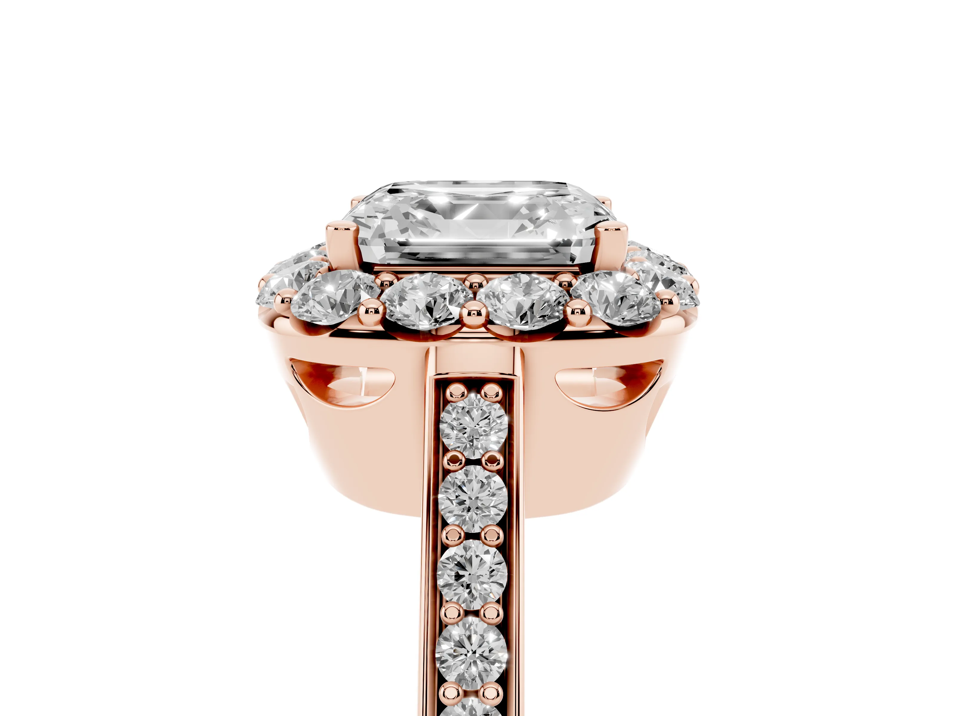 Asscher Cut Diamond Floral Halo Ring Set in Rose gold with Pavé Band and Prong Setting