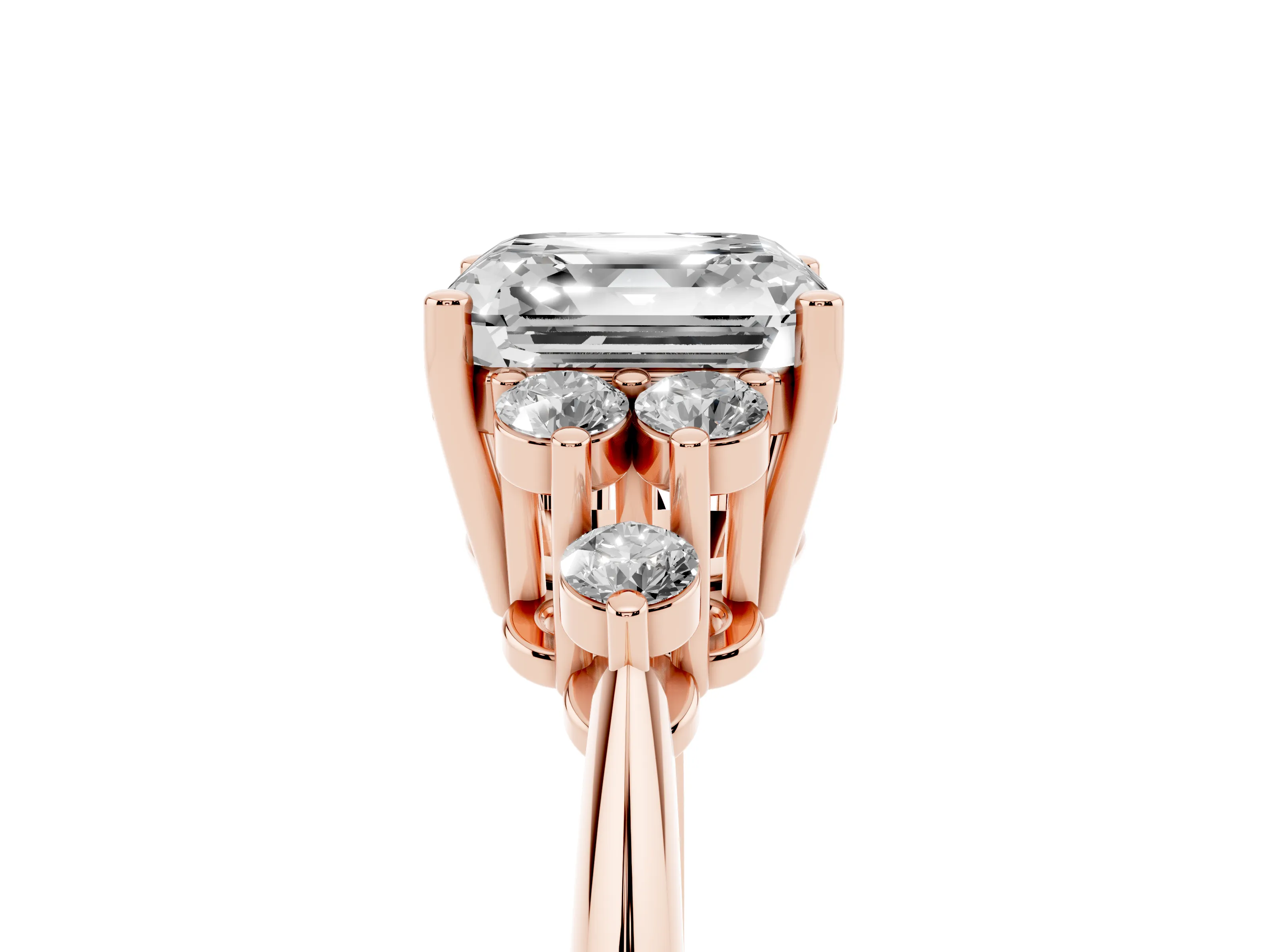 Asscher Cut Diamond Cluster Ring Set in Rose gold with Plain Band and Prong Setting