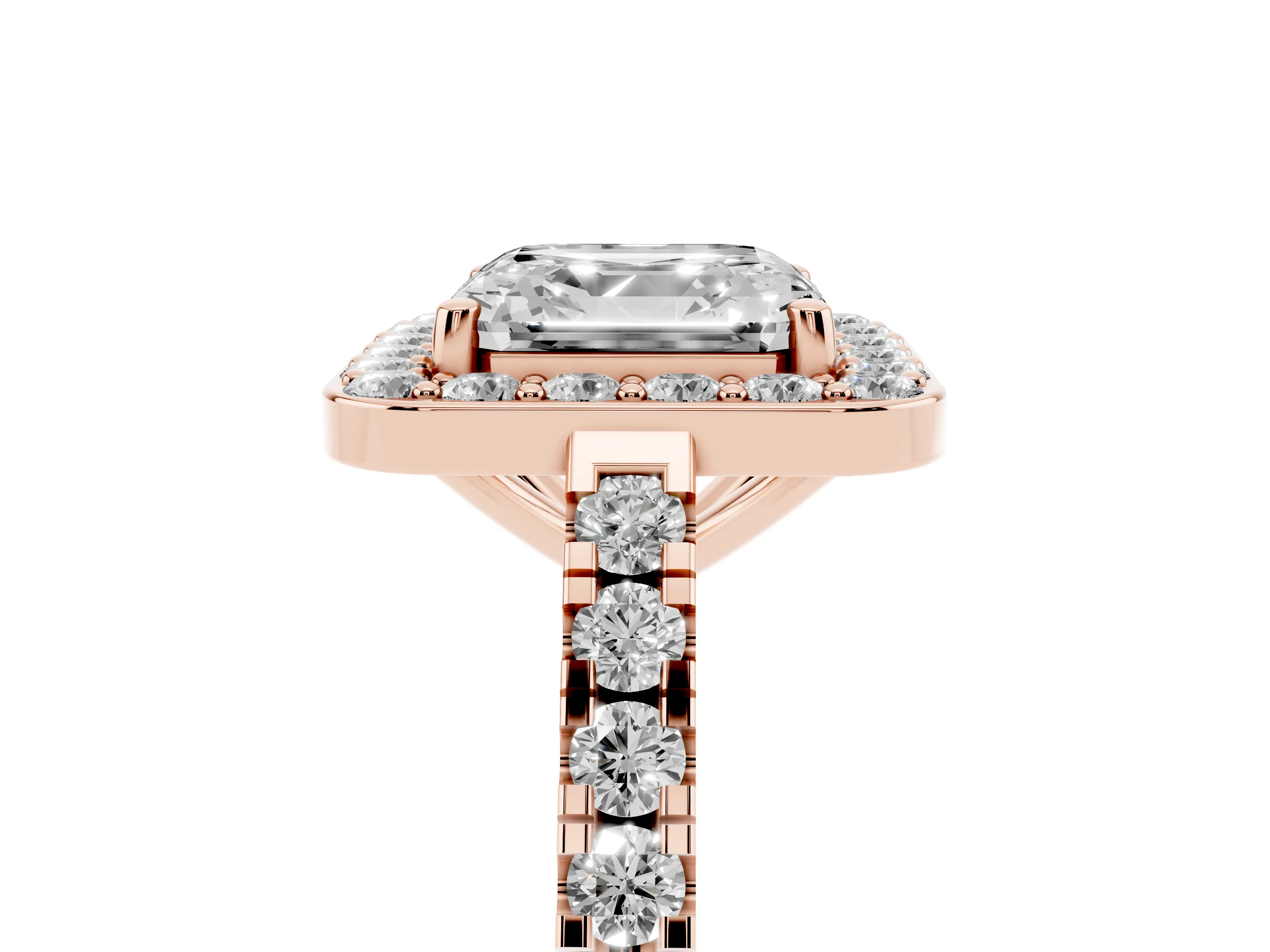 Asscher Cut Diamond Halo Ring Set in Rose gold with Round Pavé Split Shank and Prong Setting