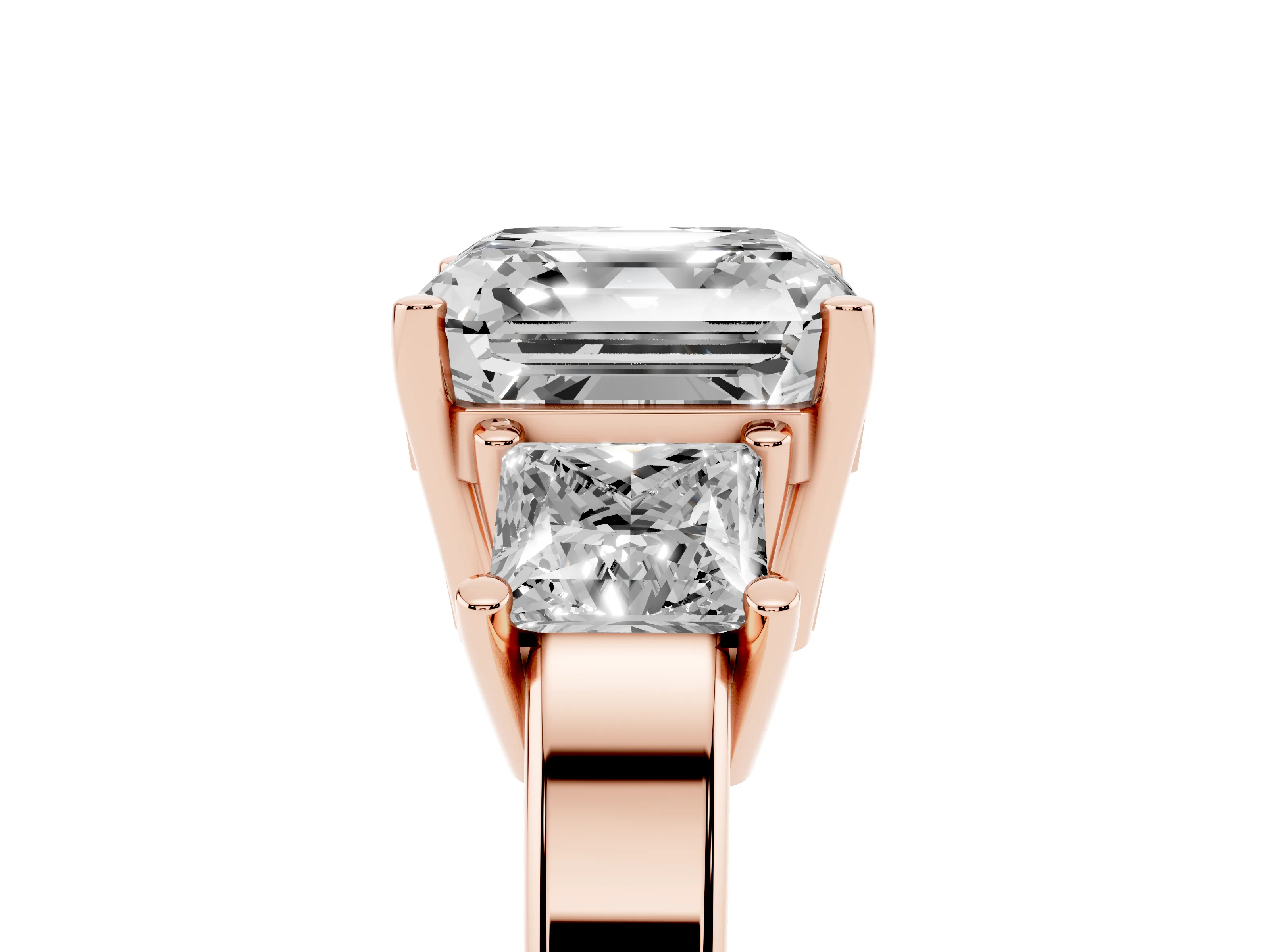 Three-Stone Asscher Cut Diamond Solitaire Ring Set in Rose gold with Prong Setting