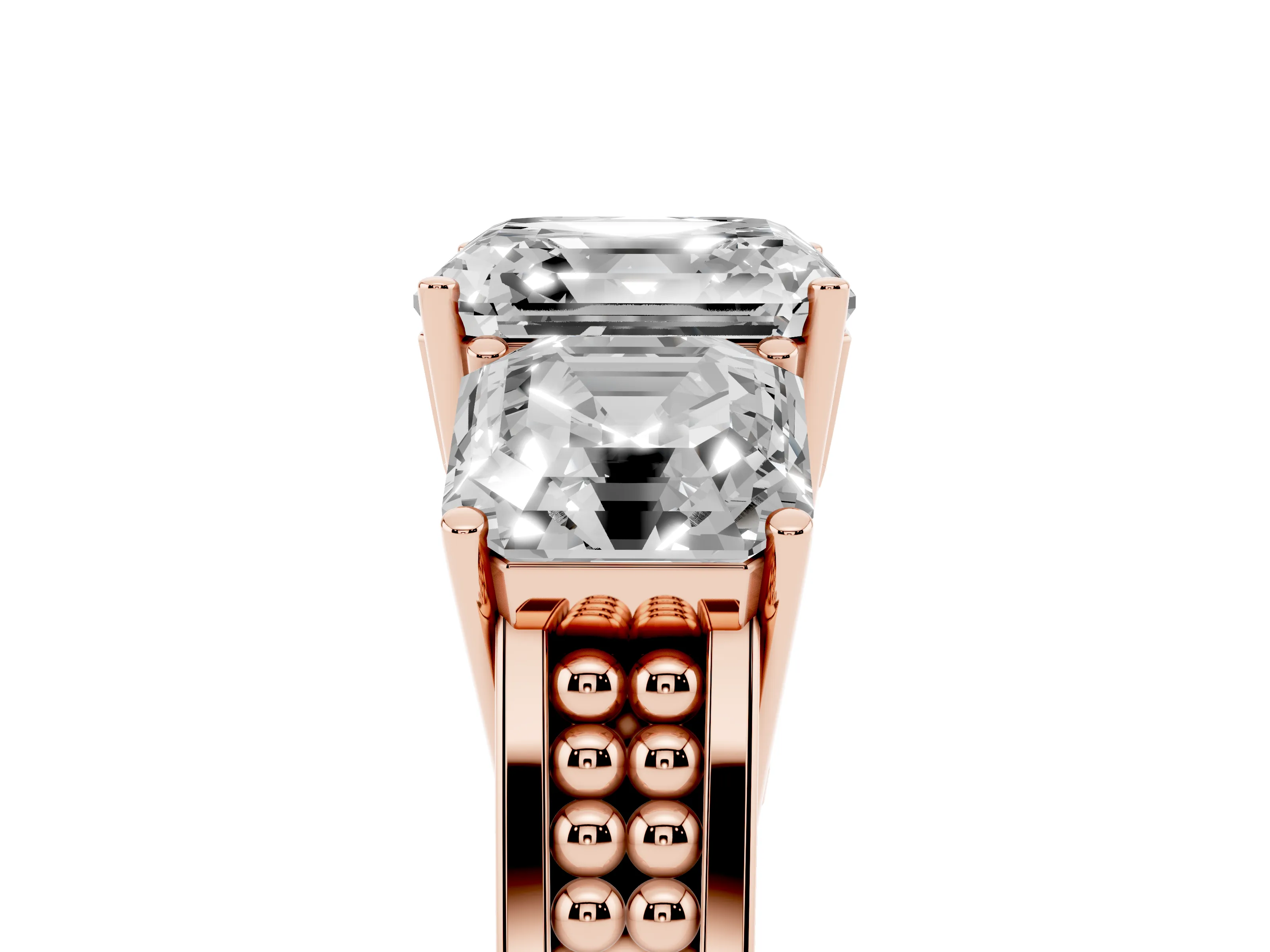 Asscher Cut Diamond Three-Stone Ring Set in Rose gold with Textured Band