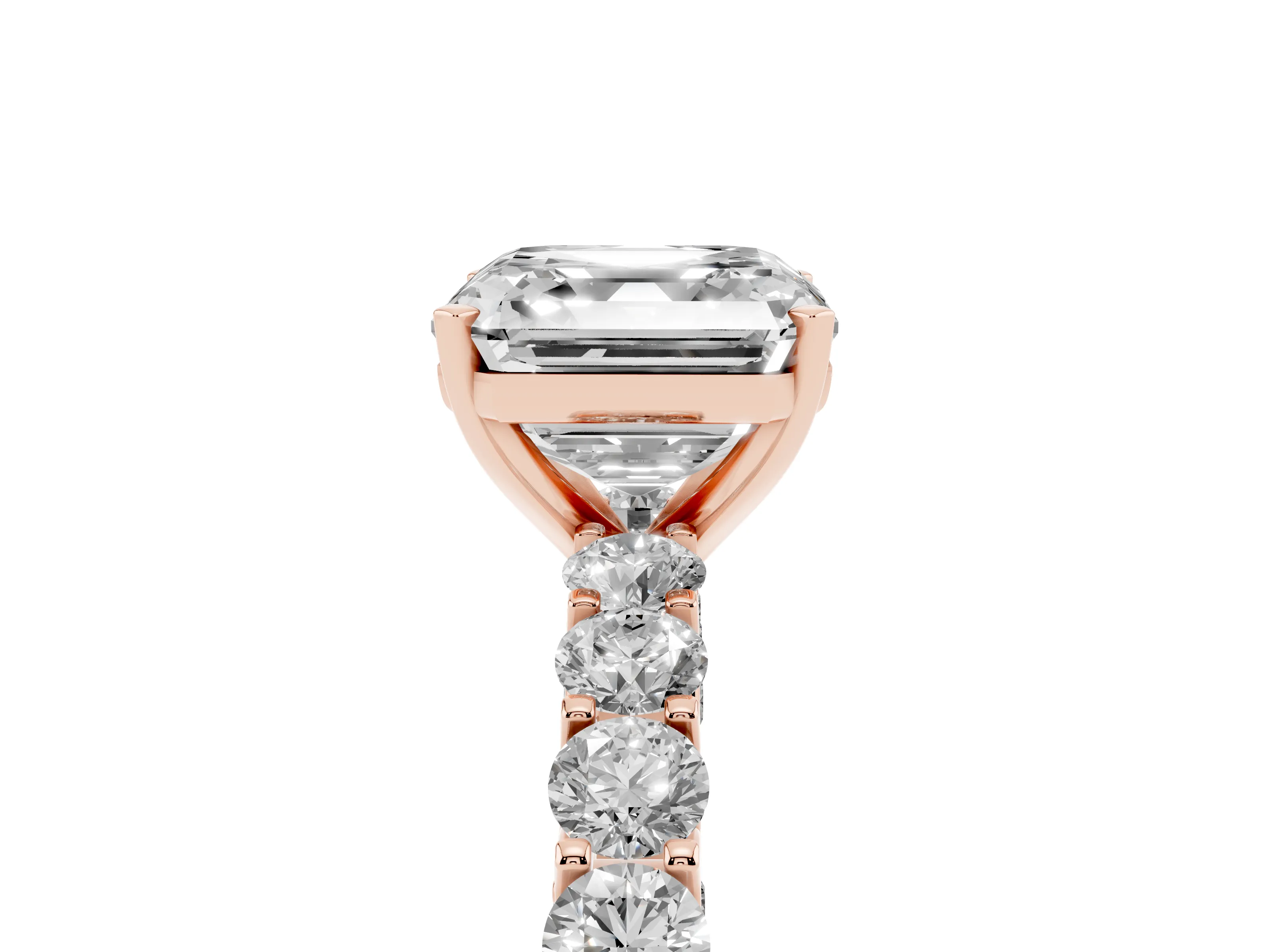 Asscher Cut Diamond Solitaire Ring Set in Rose gold with Shared Prong Pavé Band