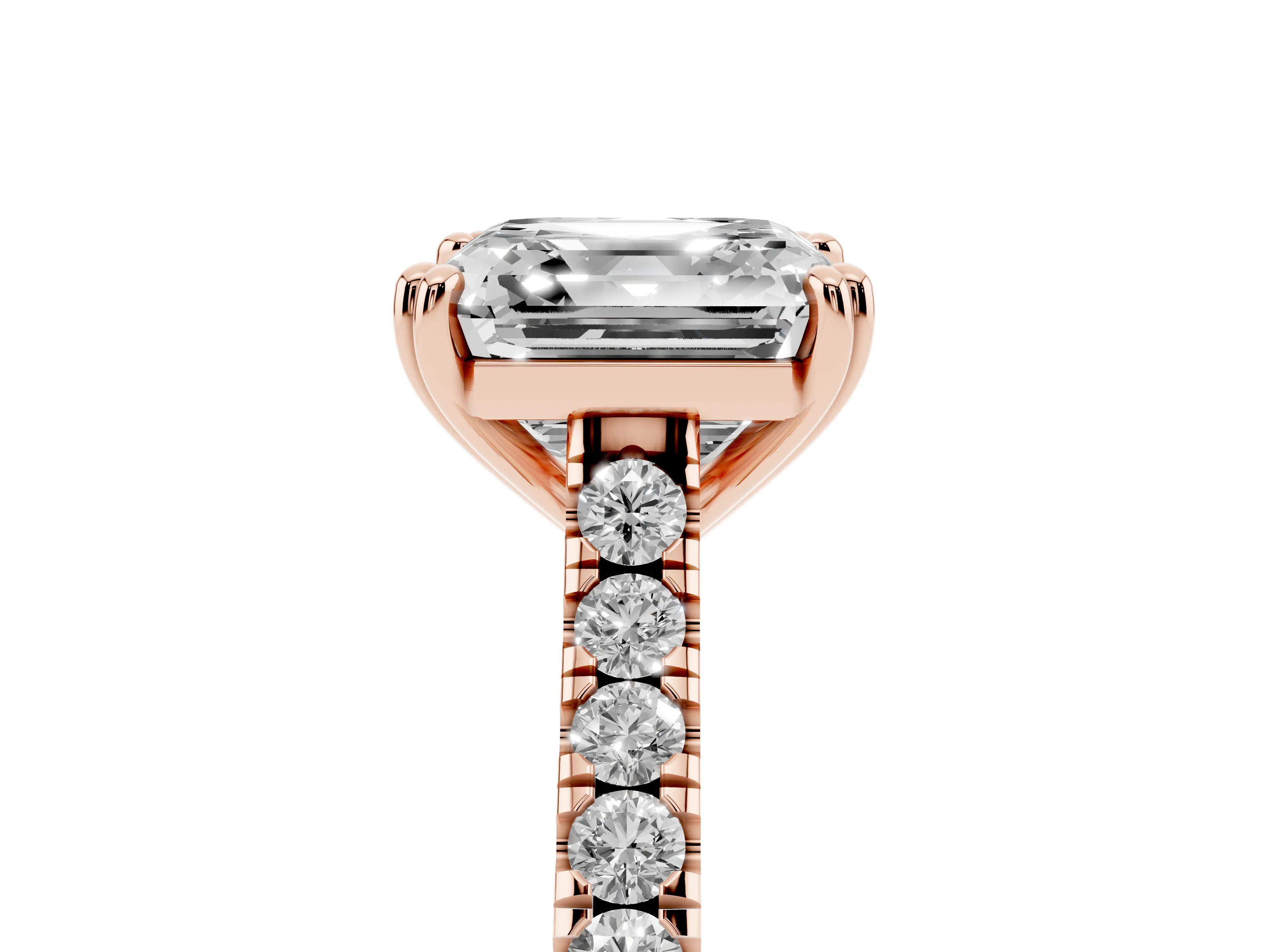 Asscher Cut Diamond Solitaire Engagement Ring Set in Rose gold with Pavé Accents and Prong Setting