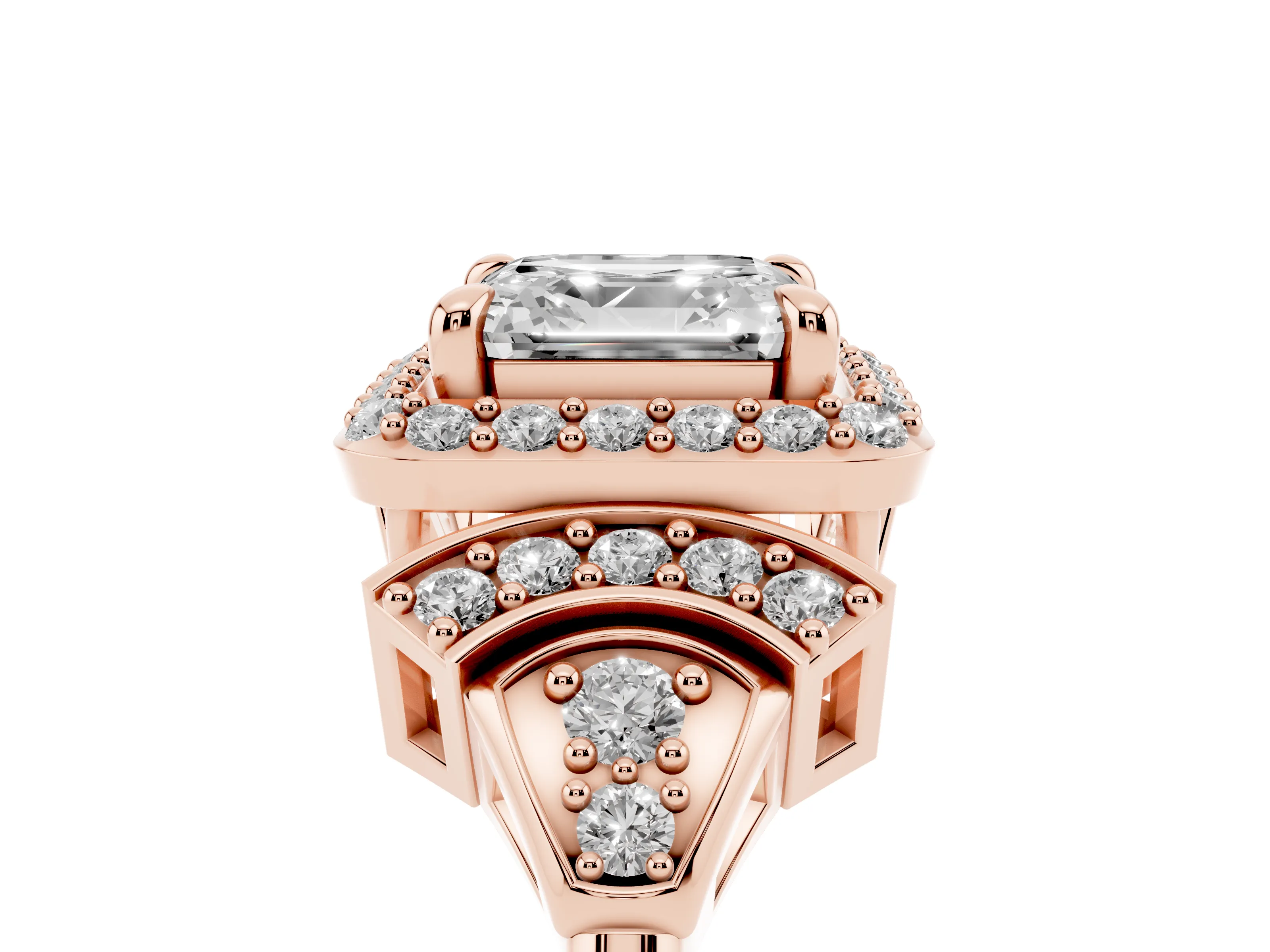 Asscher Cut Diamond Halo Engagement Ring Set in Rose gold with Accent Stone Split Shank