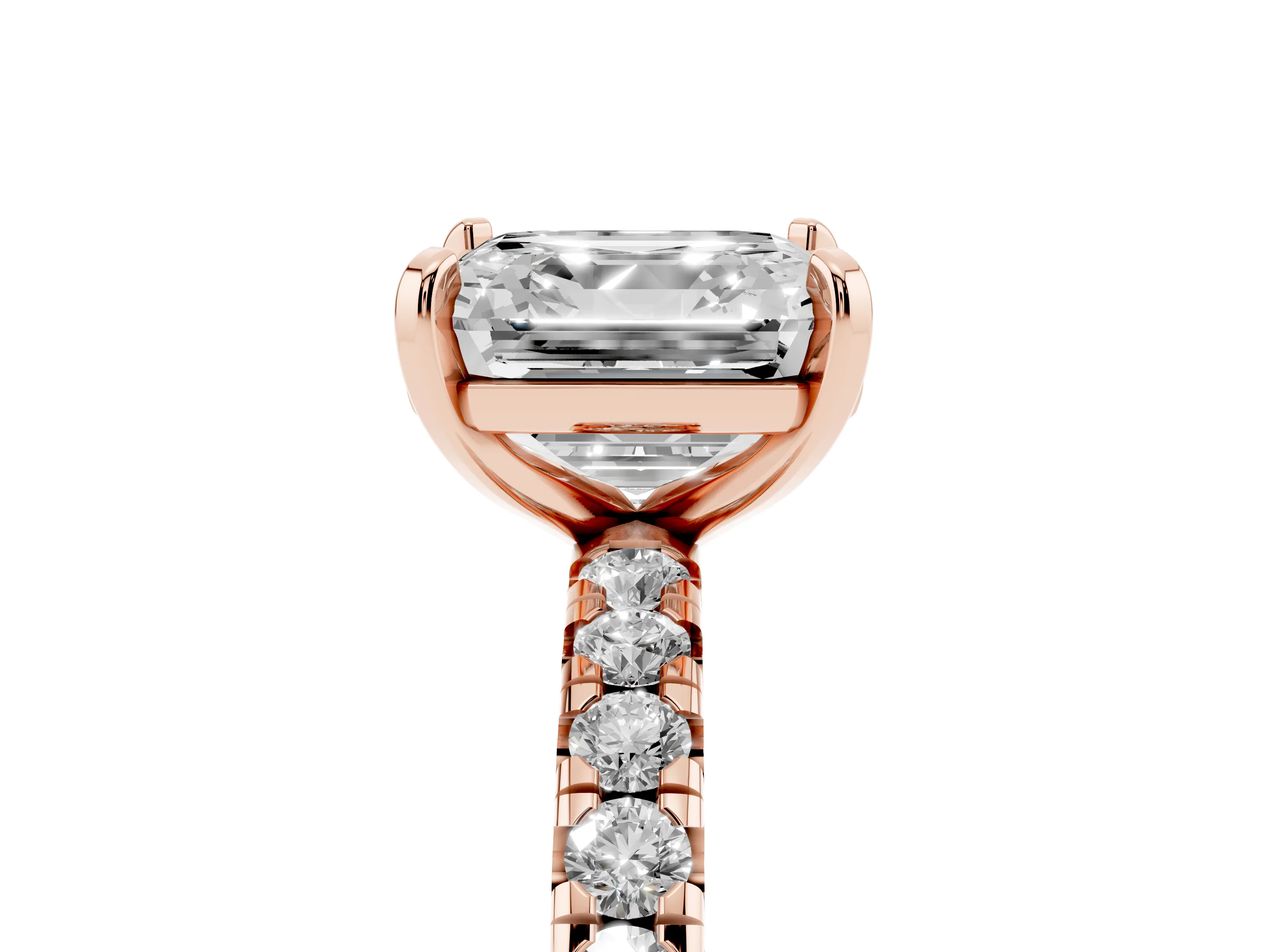 Asscher Cut Diamond Pavé Solitaire Ring Set in Rose gold with Round Band and Prong Setting