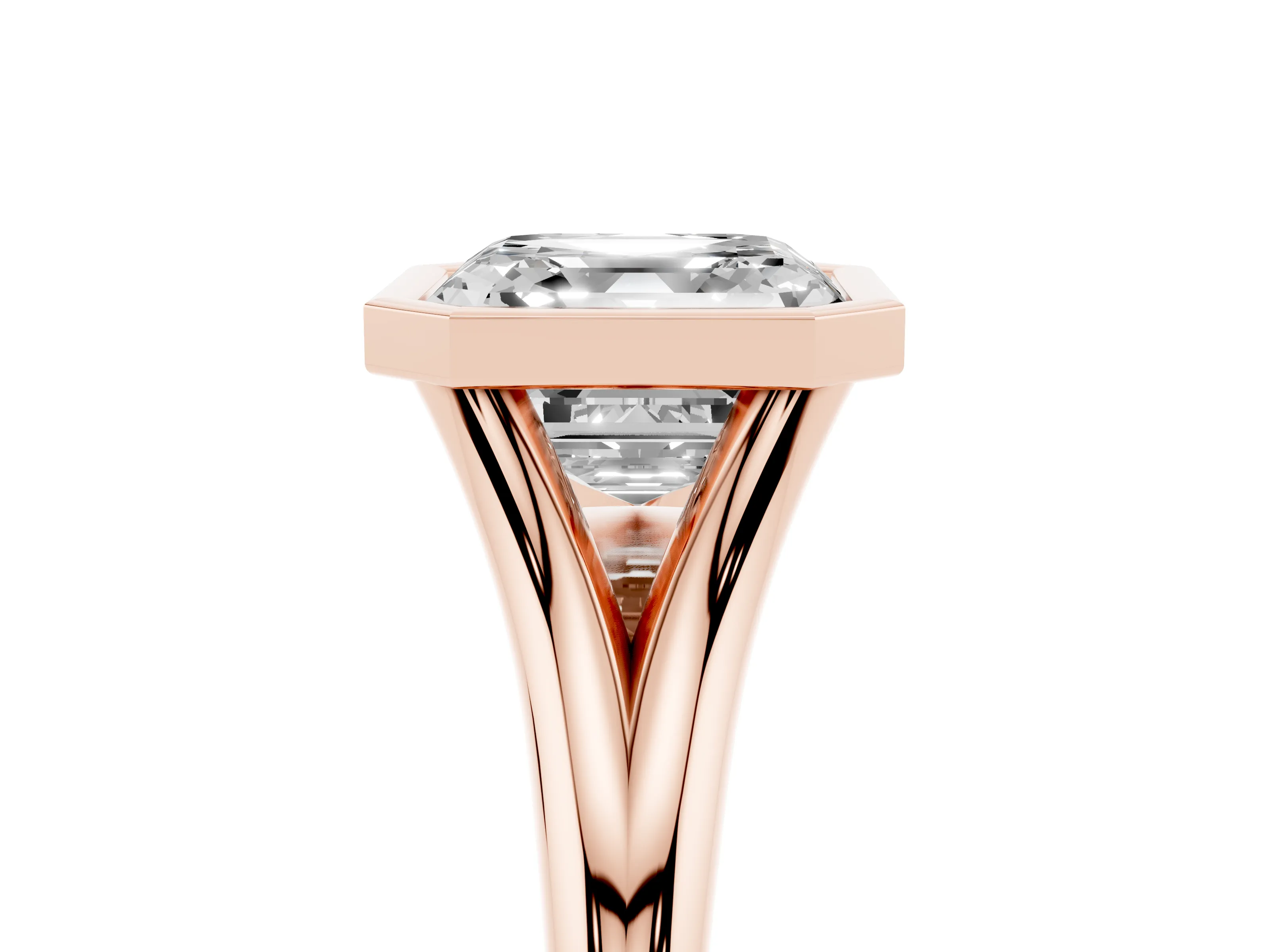 Bezel Set Asscher Cut Diamond Solitaire Ring Set in Rose gold with Tapered Band