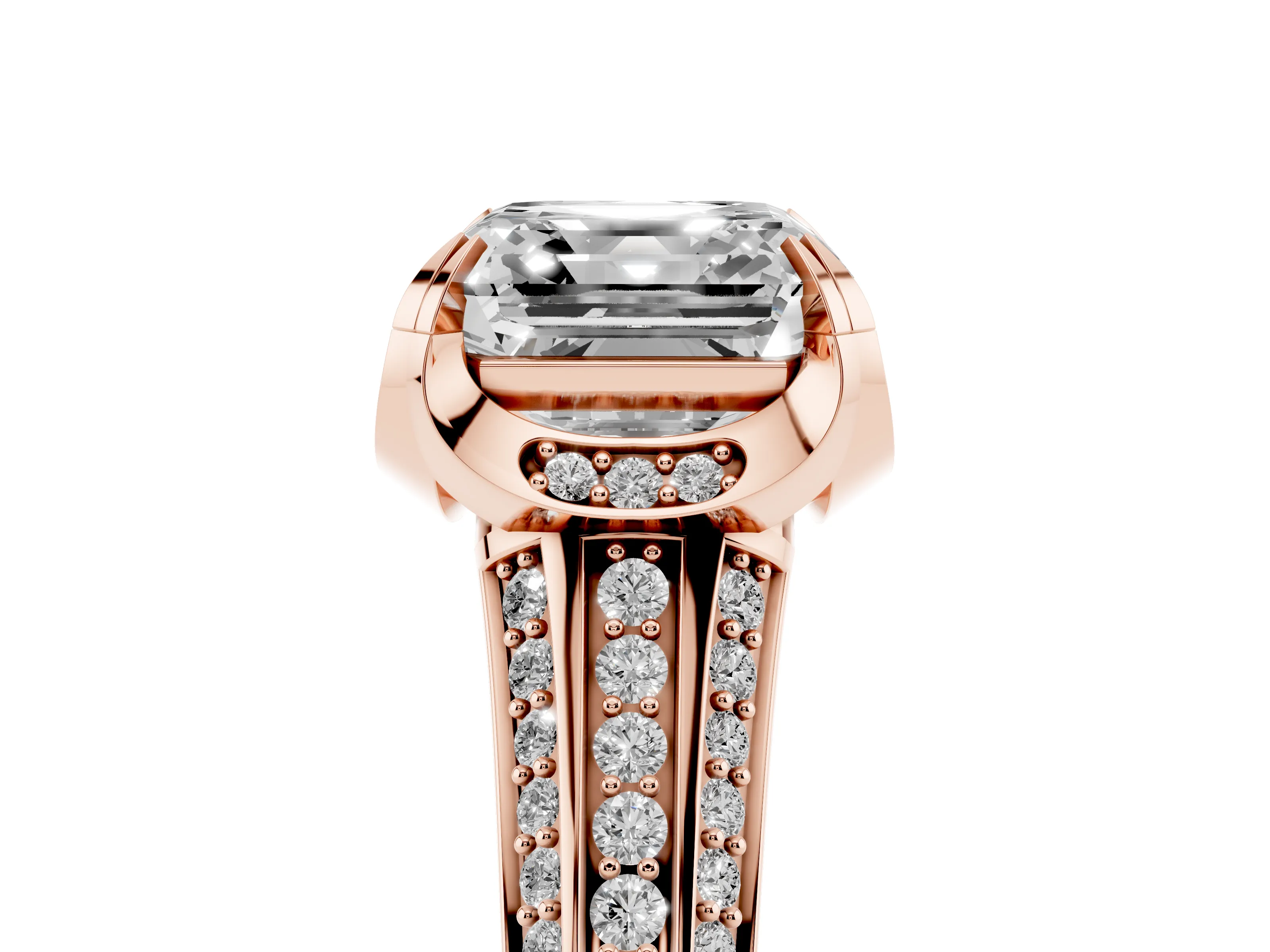 Asscher Cut Diamond Pavé Split Shank Solitaire Ring Set in Rose gold with Prong Setting