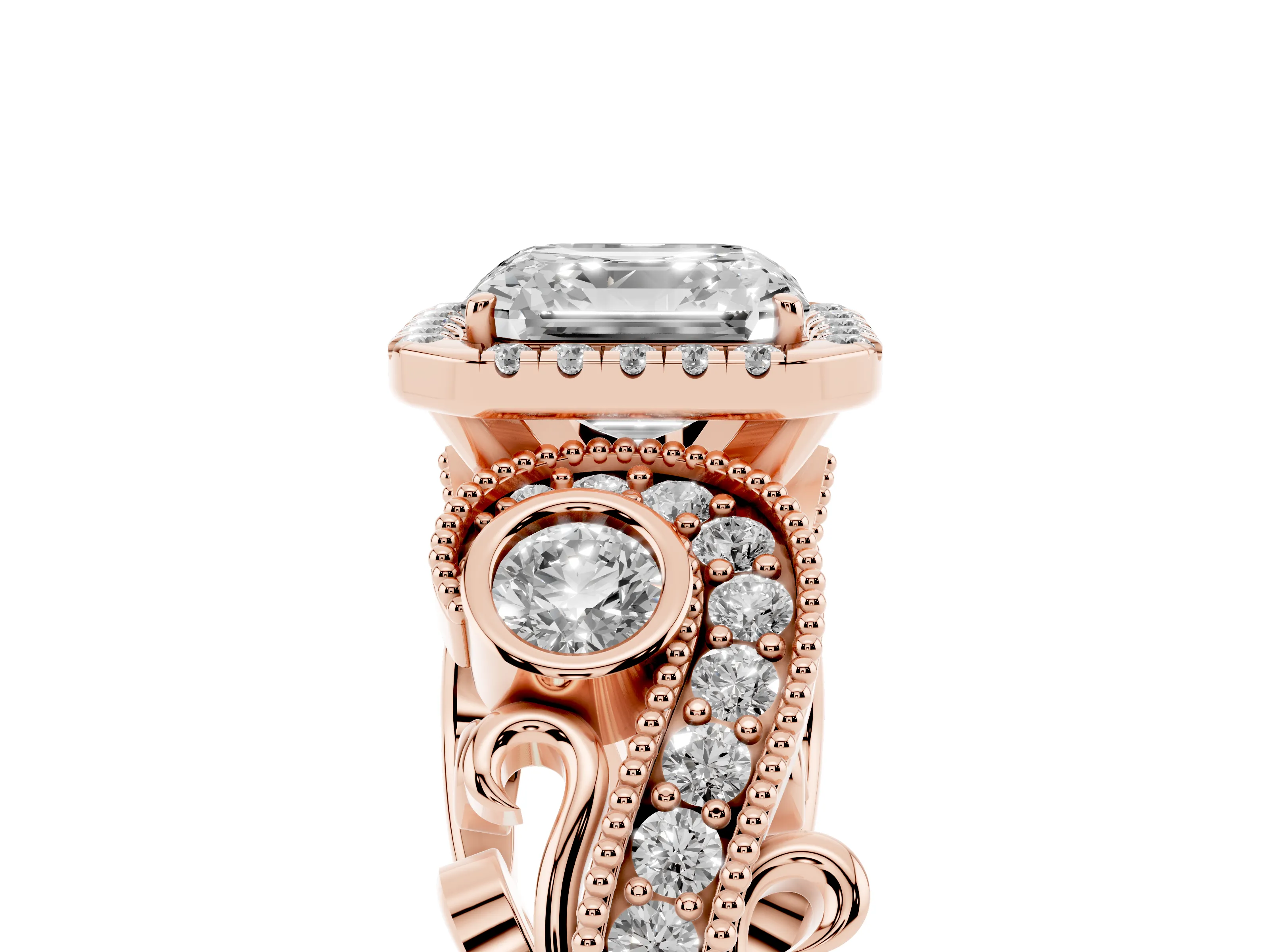 Asscher Cut Diamond Halo Ring Set in Rose gold with Milgrain Pavé Band and Prong Setting