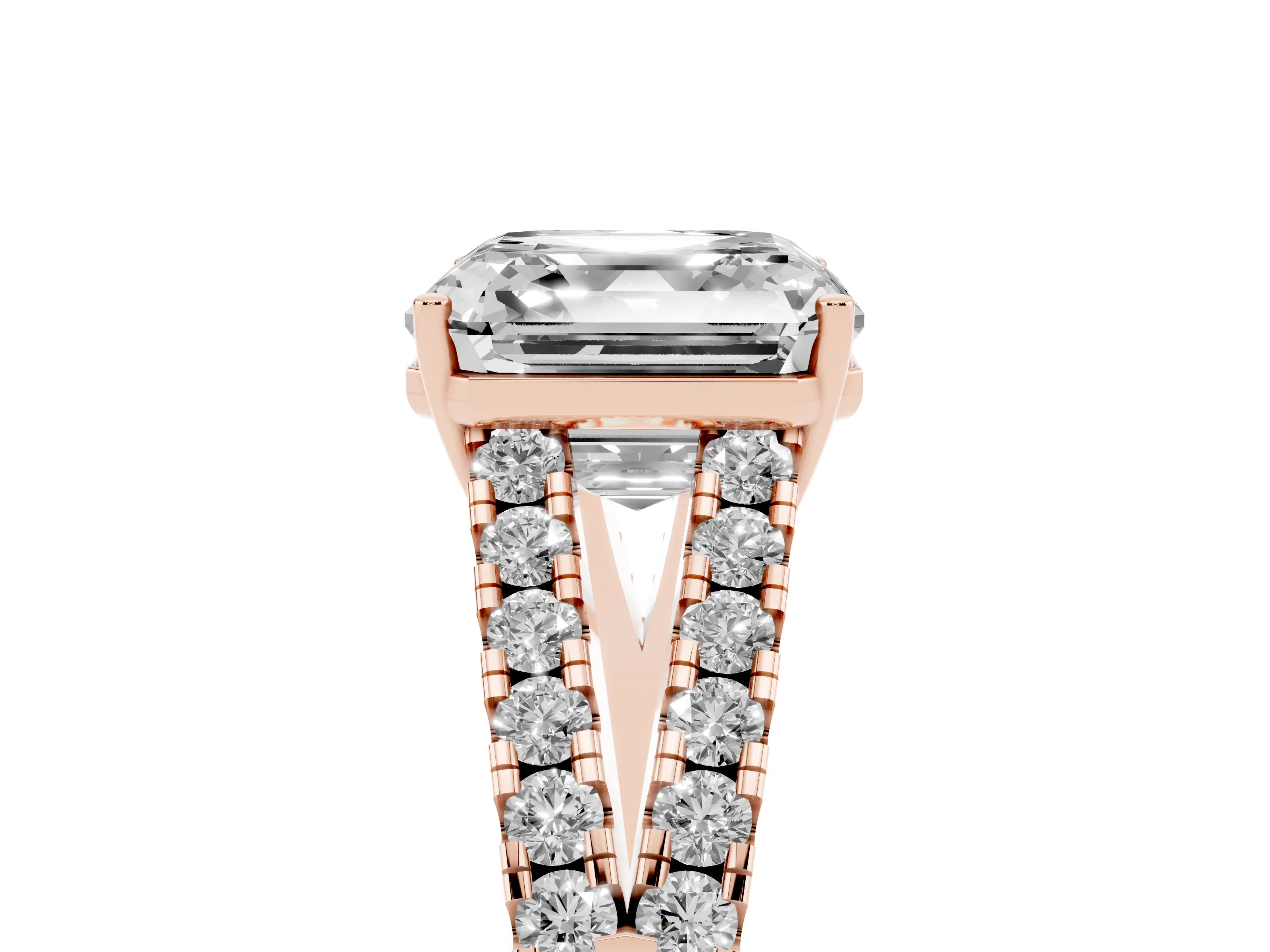 Asscher Cut Diamond Split Shank Engagement Ring Set in Rose gold with Round Pavé and Prong Setting
