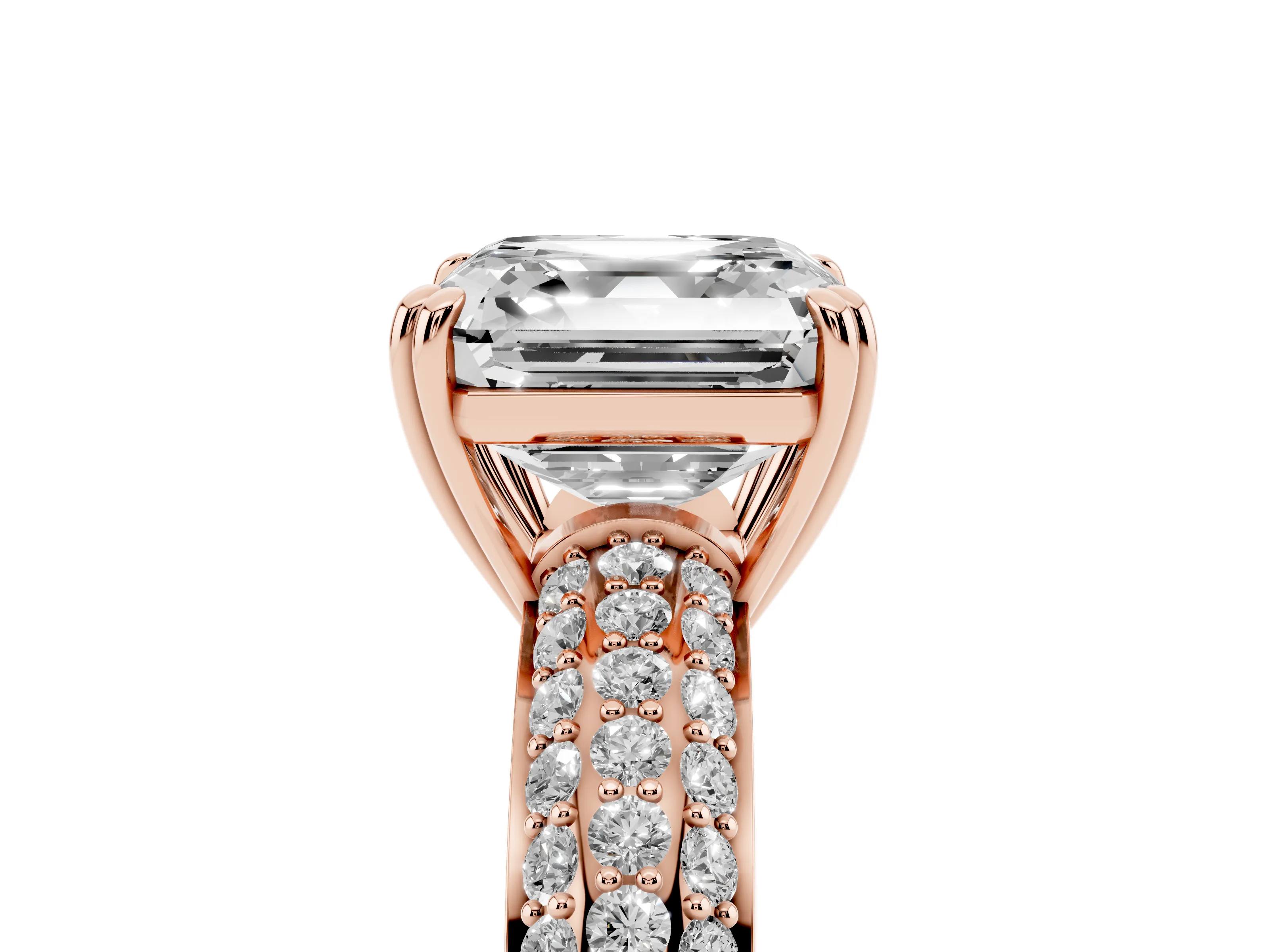 Asscher Cut Diamond Solitaire Ring Set in Rose gold with Multi-Row Round Pavé Band and Prong Setting