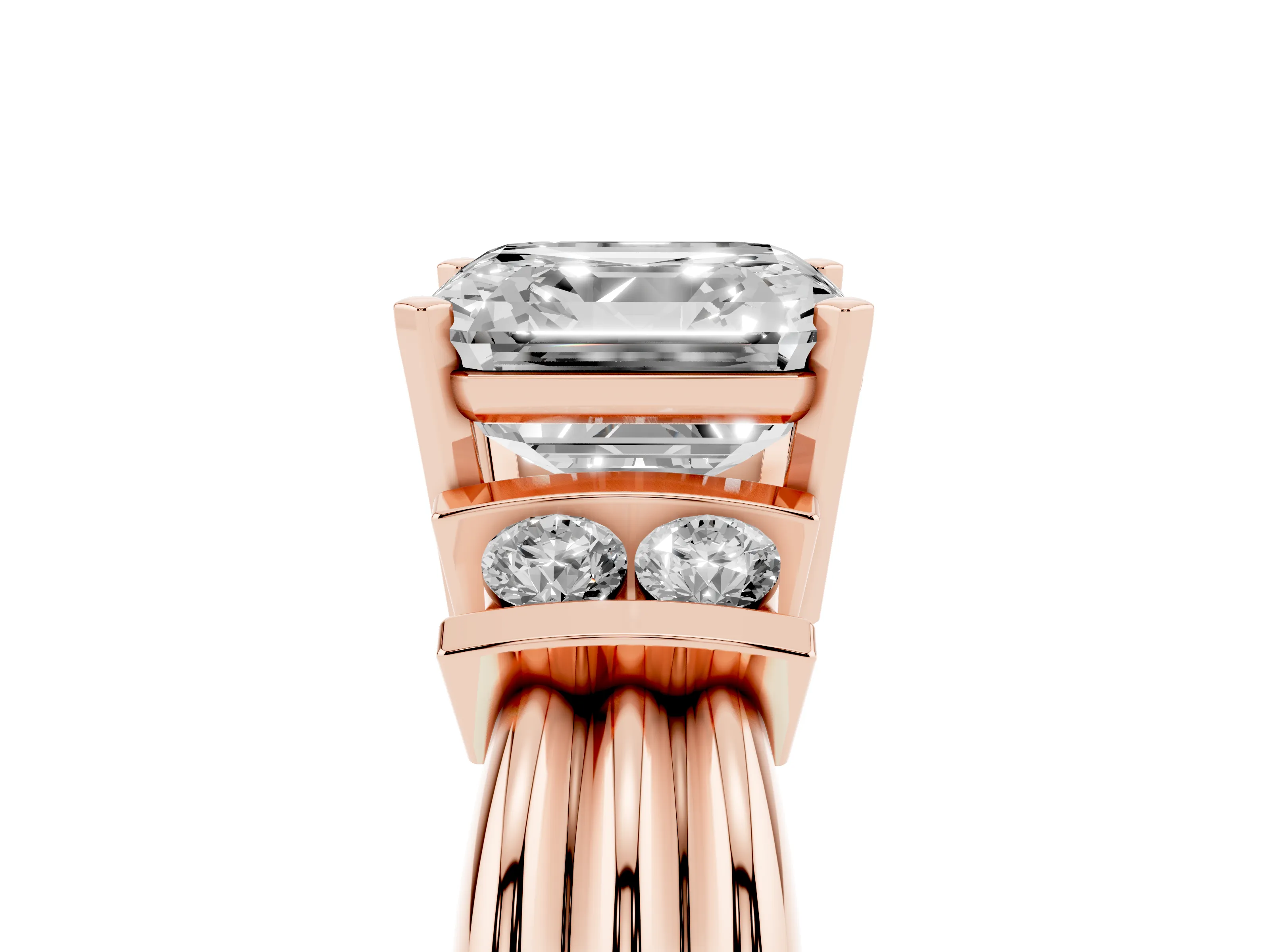 Three-Stone Asscher Cut Diamond Channel Set Ring Set in Rose gold with Bar Prongs