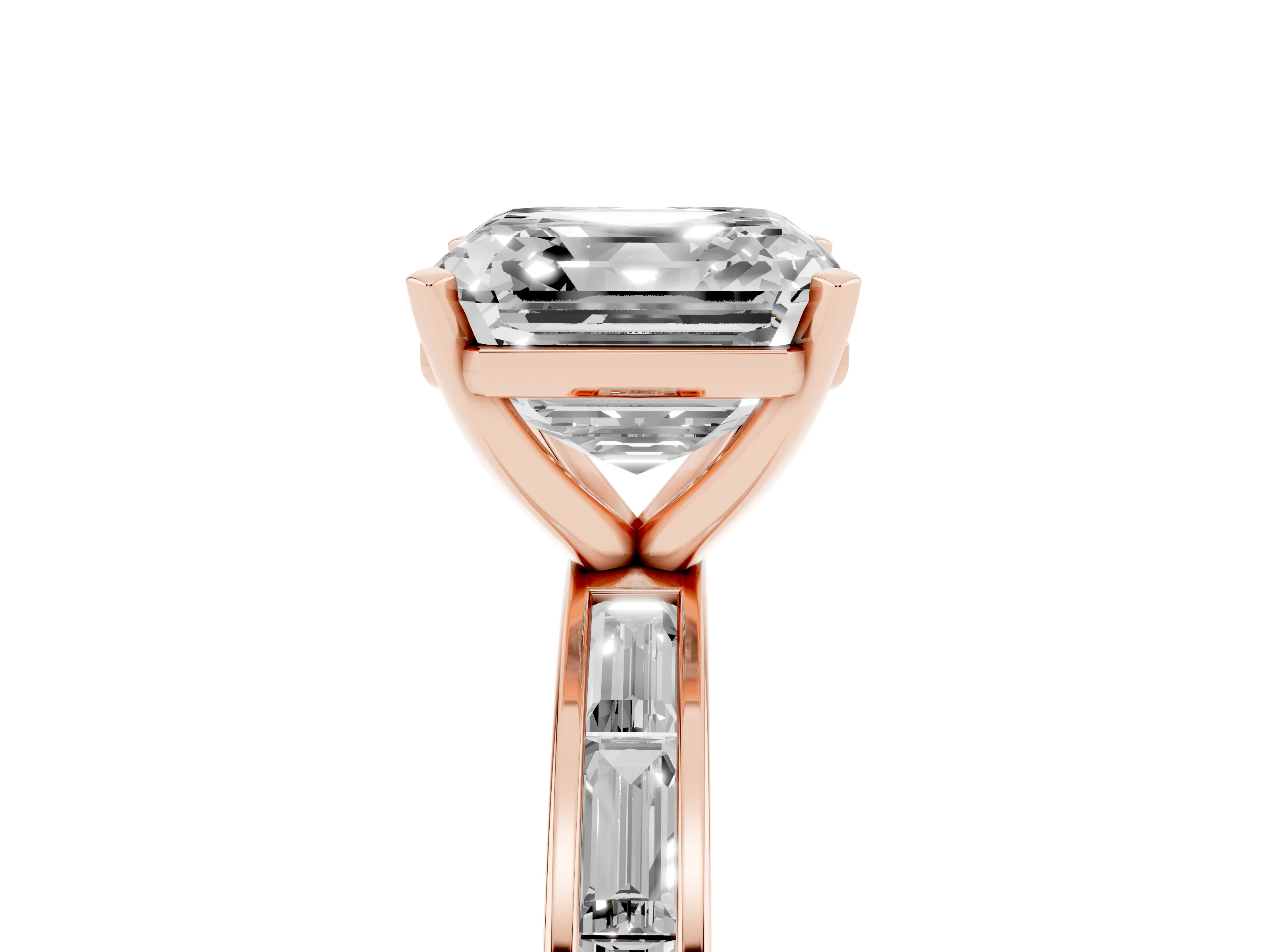 Asscher Cut Diamond Solitaire Ring Set in Rose gold with Channel-Set Baguette Band and Prong Setting