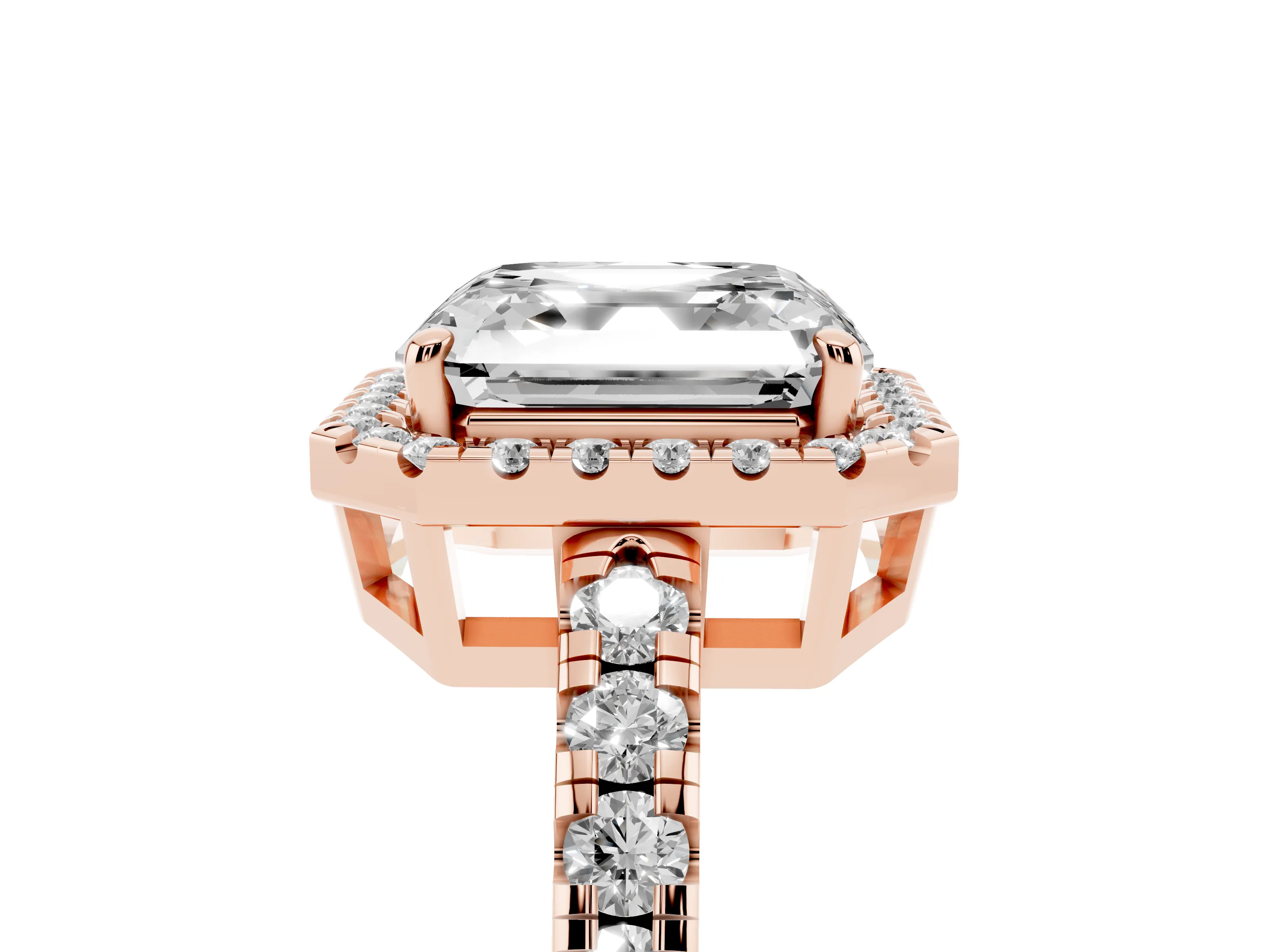 Asscher Cut Diamond Halo Ring Set in Rose gold with Delicate Pavé Band and Prong Setting