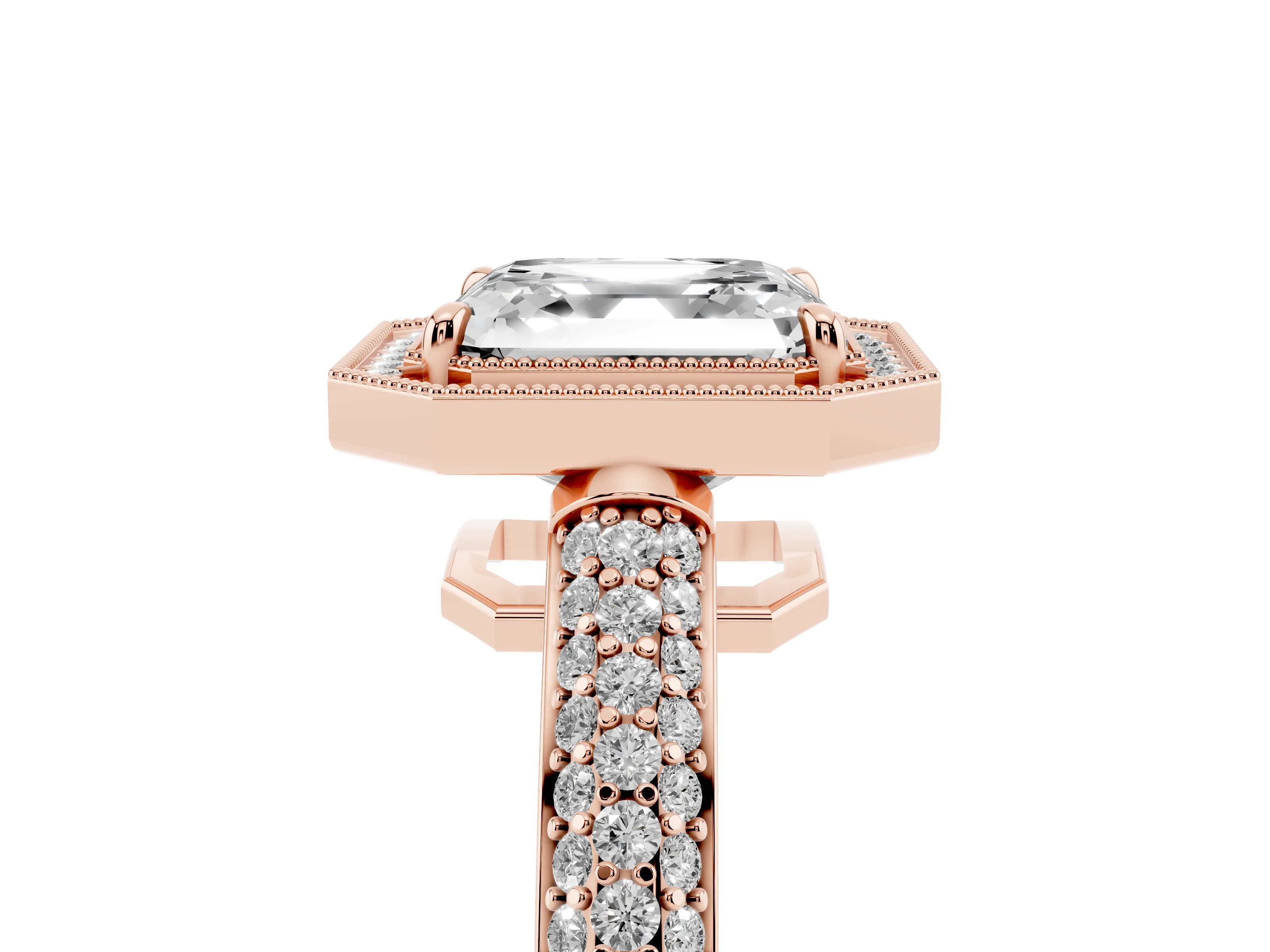 Asscher Cut Diamond Halo Pavé Band Set in Rose gold with Prong Setting