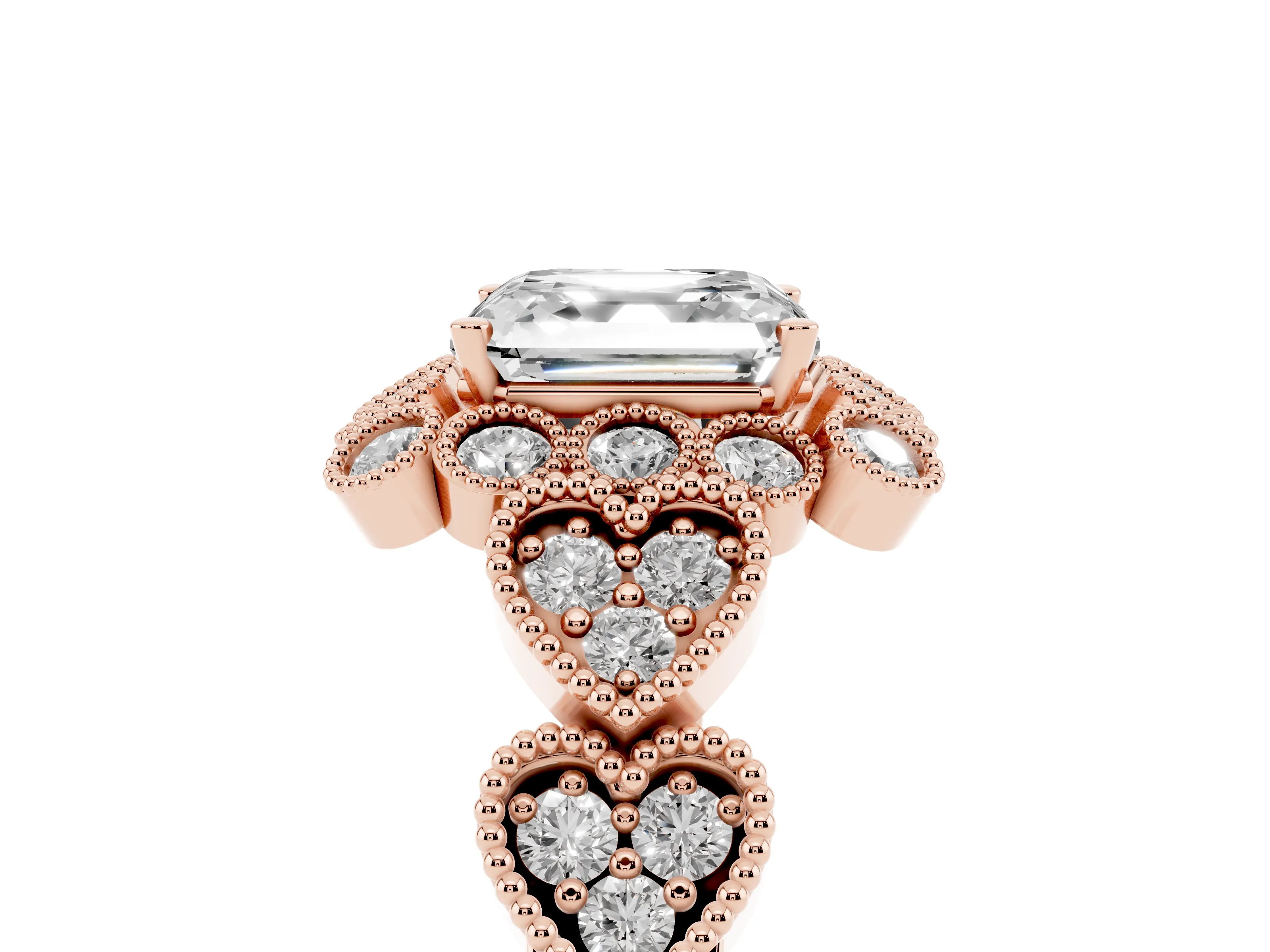 Asscher Cut Diamond Solitaire Ring Set in Rose gold with Milgrain Pavé Heart Band