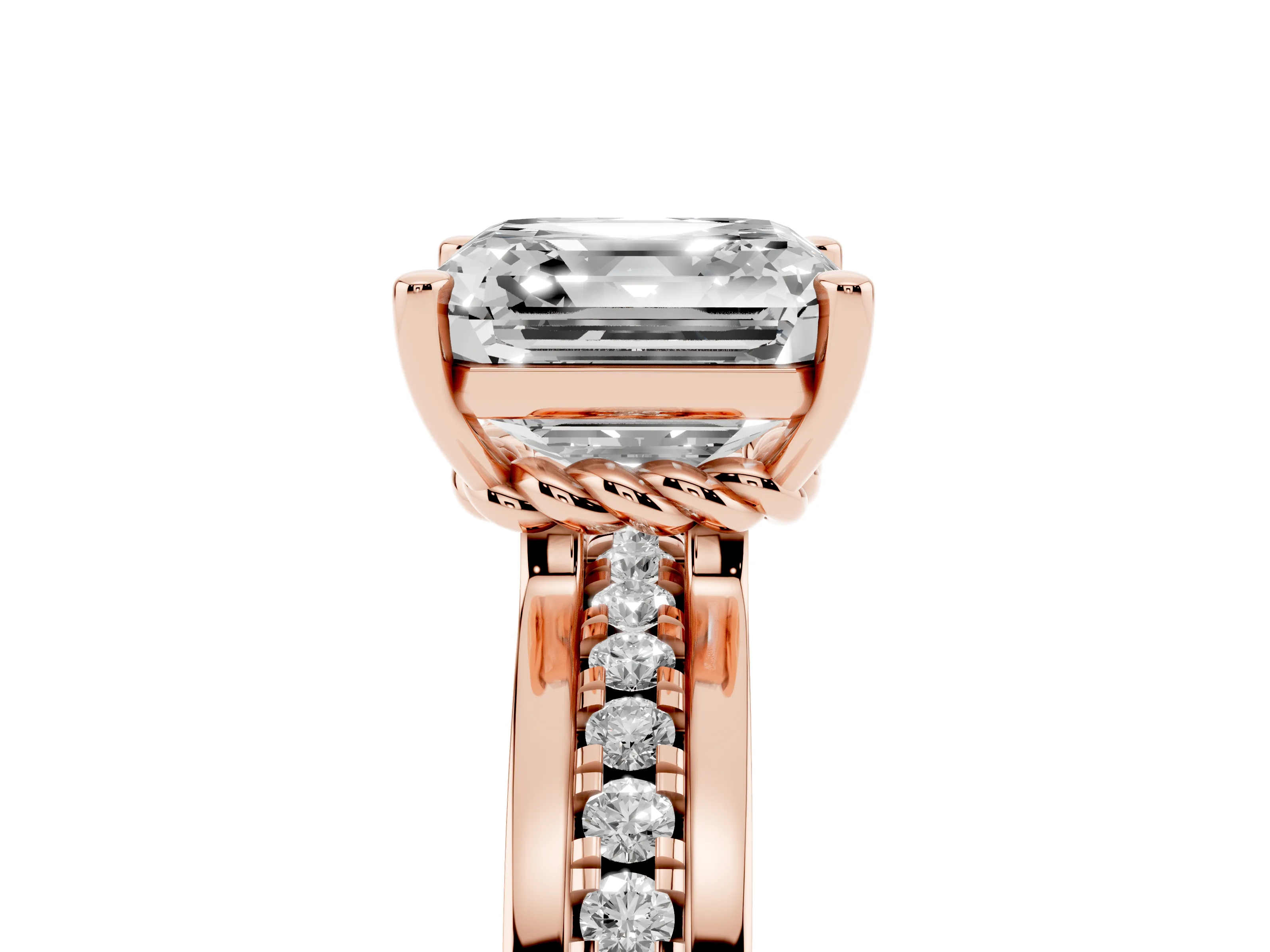 Asscher Cut Diamond Solitaire Ring Set in Rose gold with Channel Set Band and Prong Setting