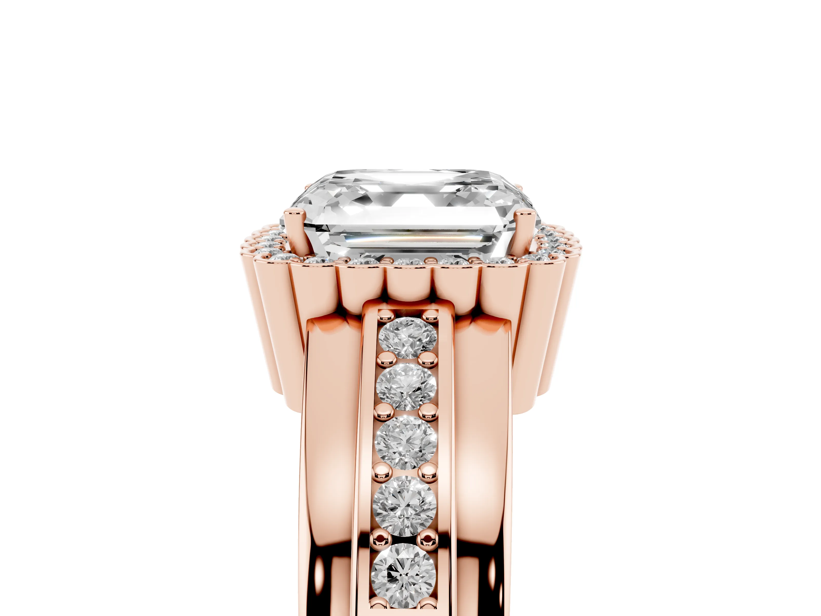 Asscher Cut Diamond Halo Prong Ring Set in Rose gold with Pavé Band