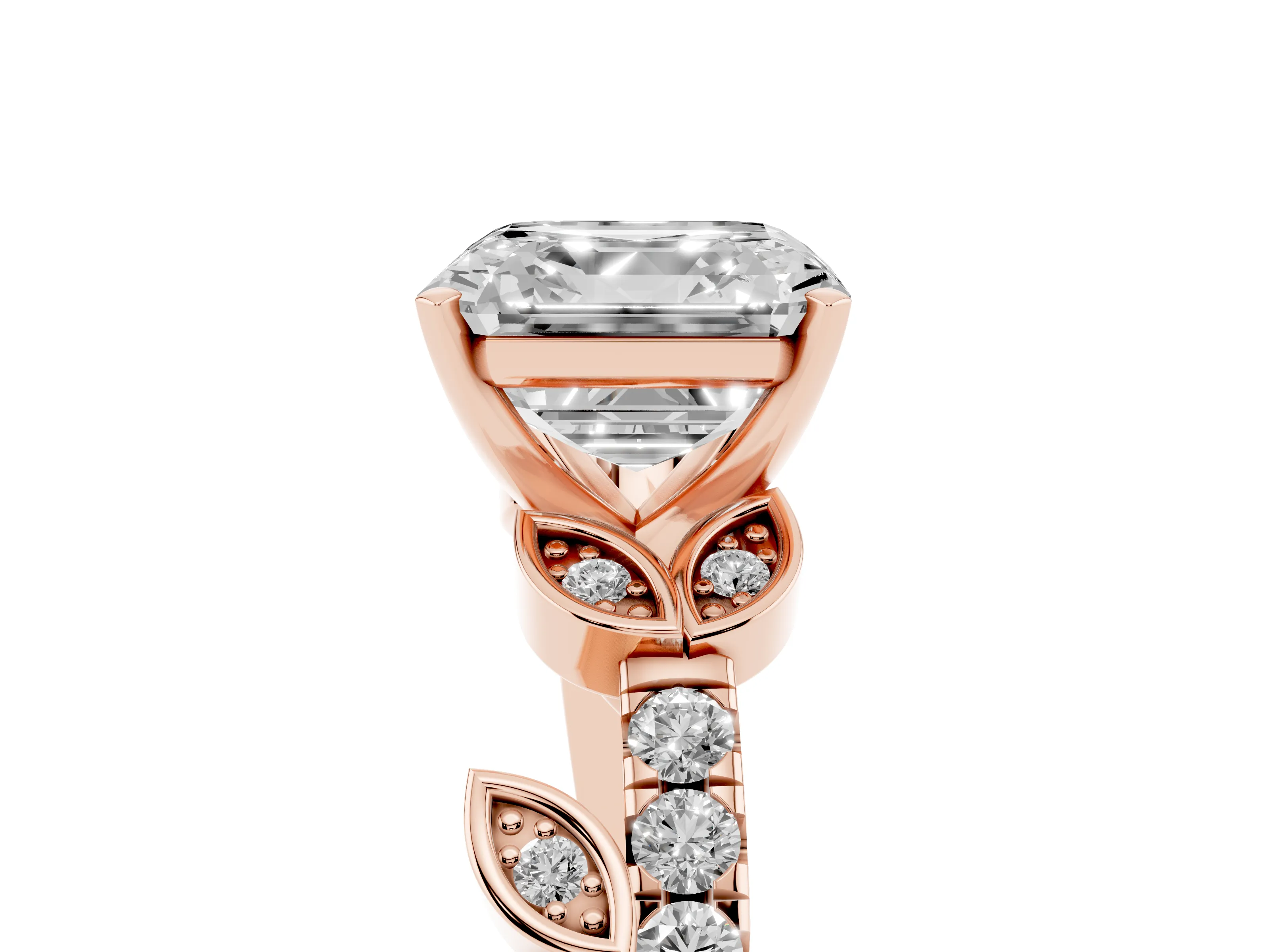 Asscher Cut Diamond Solitaire Leaf-Inspired Ring Set in Rose gold with Pavé Band and Prong Setting