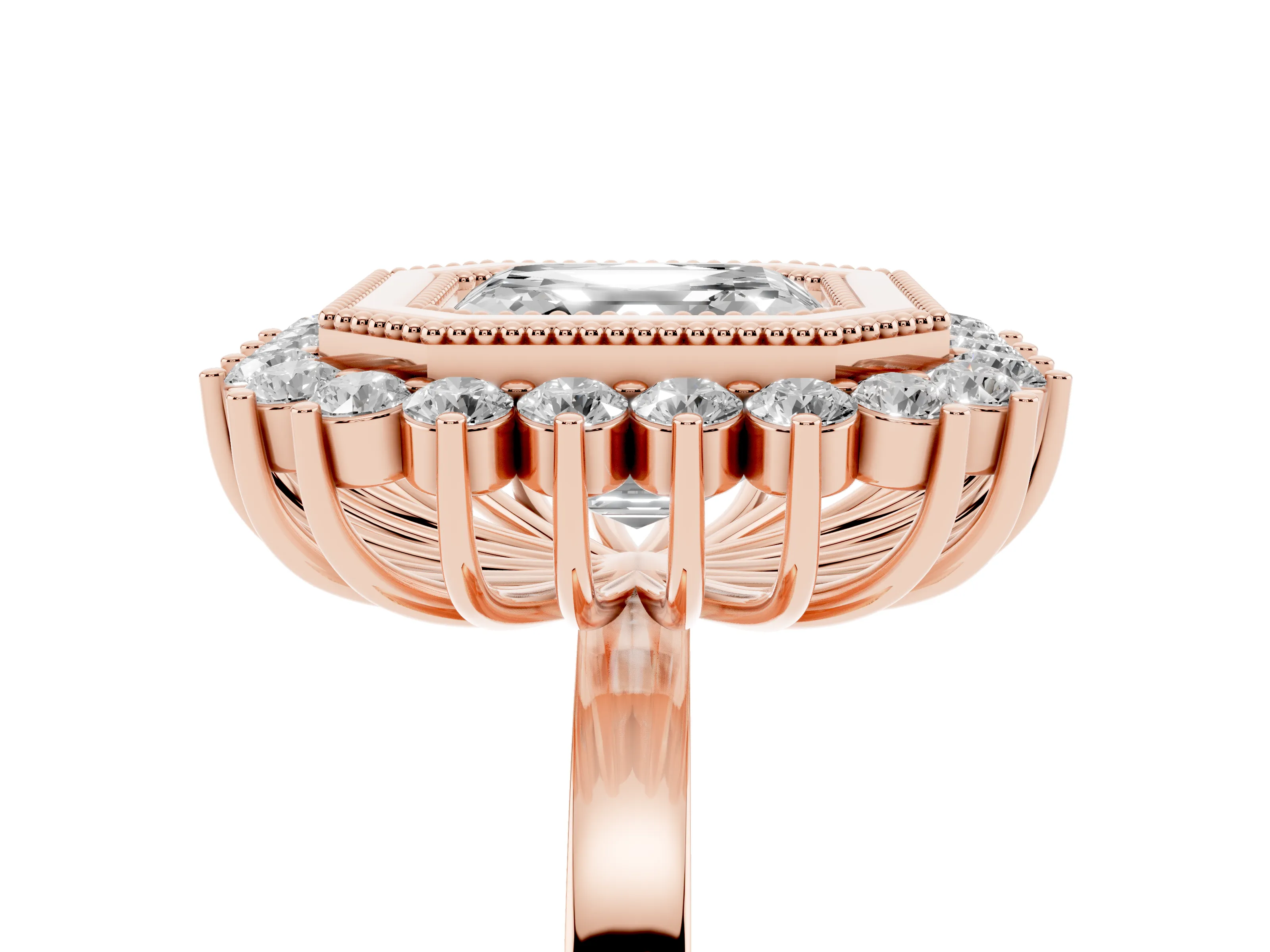 Asscher Cut Diamond Halo Ring Set in Rose gold with Milgrain Edge and Round Prong Setting