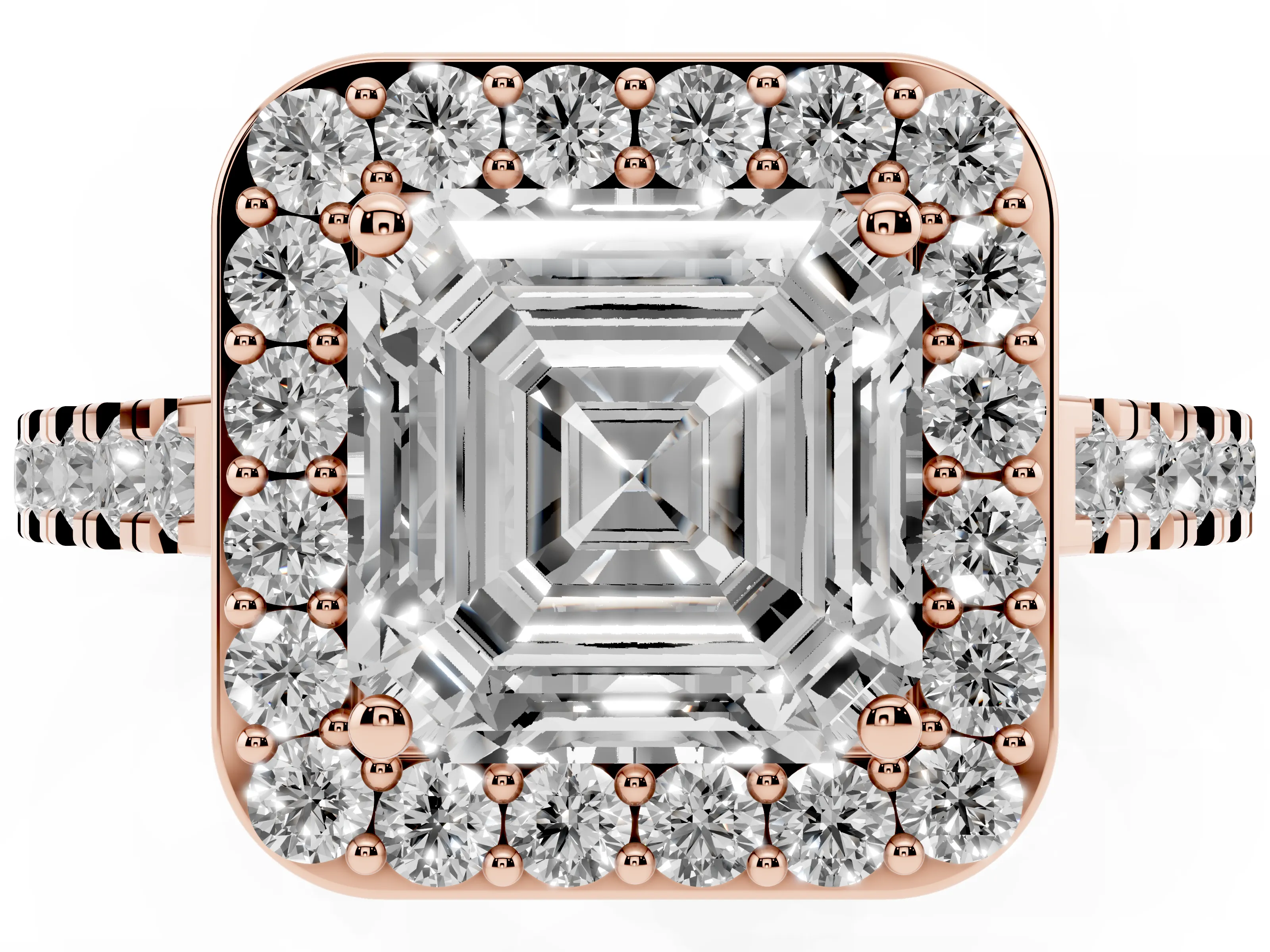 Asscher Cut Diamond Halo Ring Set in Rose gold with Round Pavé Split Shank and Prong Setting