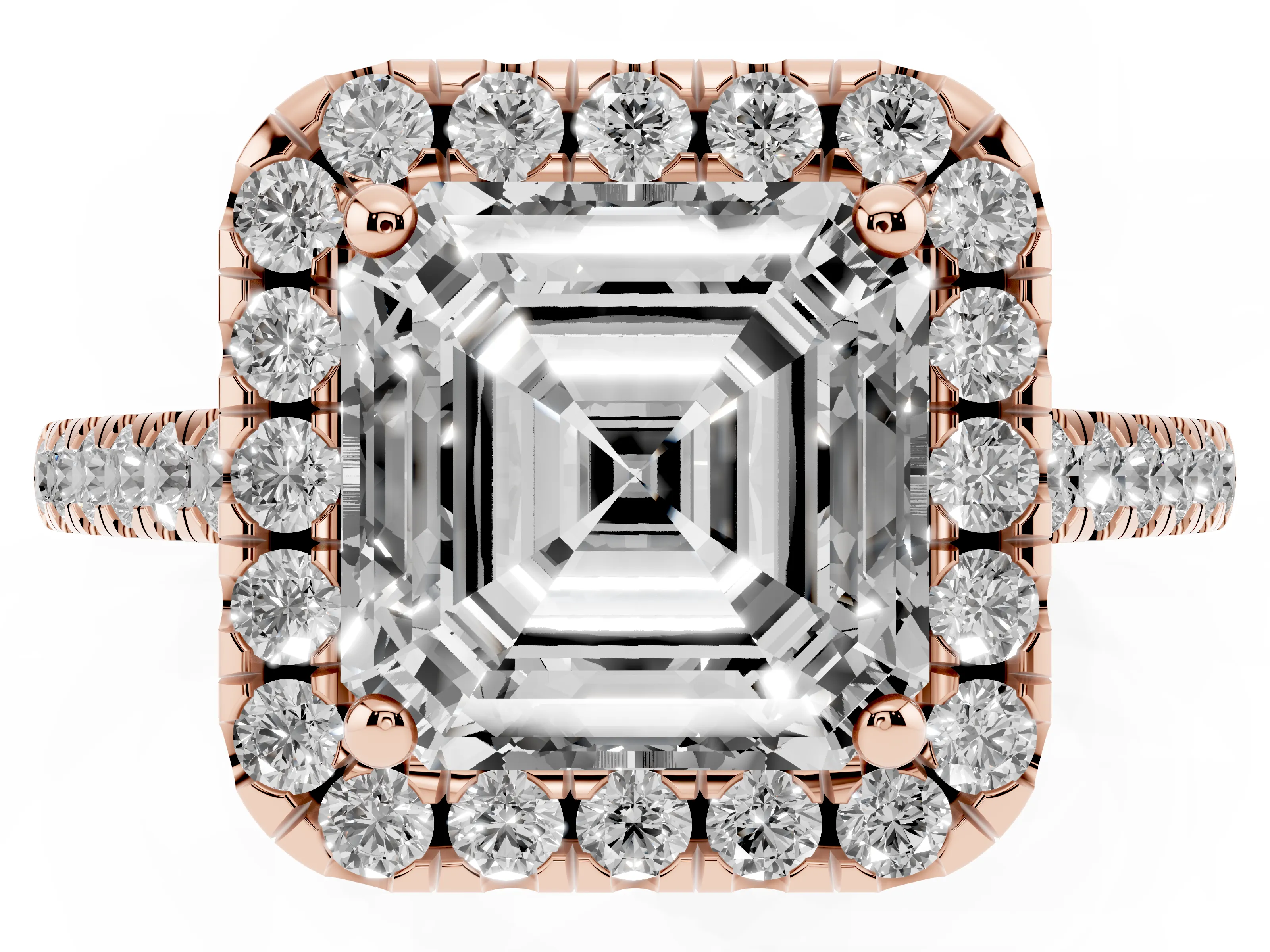 Asscher Cut Diamond Pavé Halo Engagement Ring Set in Rose gold with Pavé Band and Prong Setting