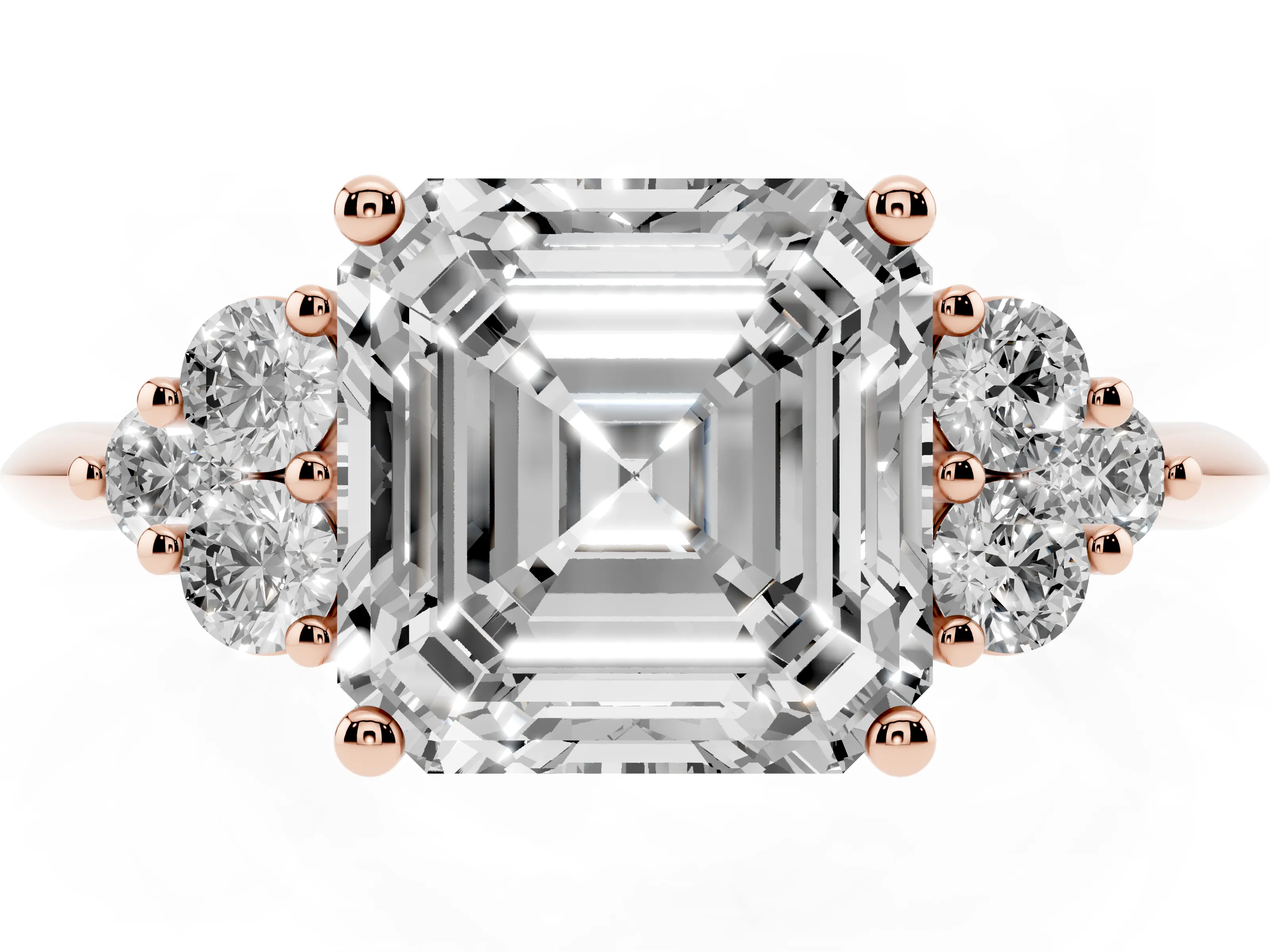 Asscher Cut Diamond Cluster Ring Set in Rose gold with Plain Band and Prong Setting