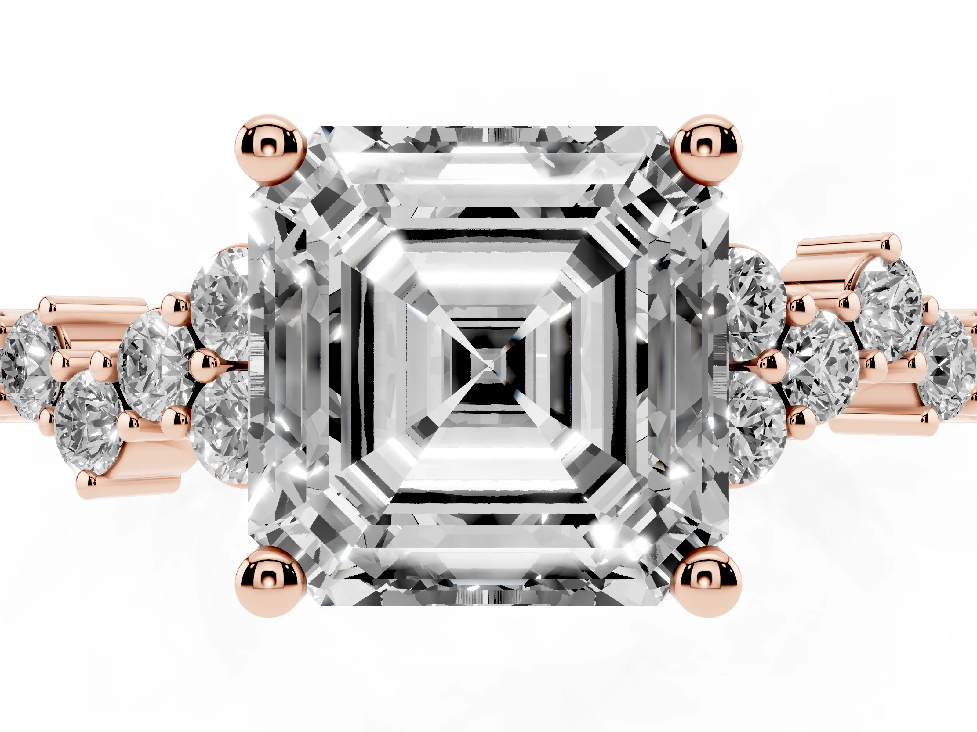 Asscher Cut Diamond Ring Set in Rose gold with Scattered Round Accents