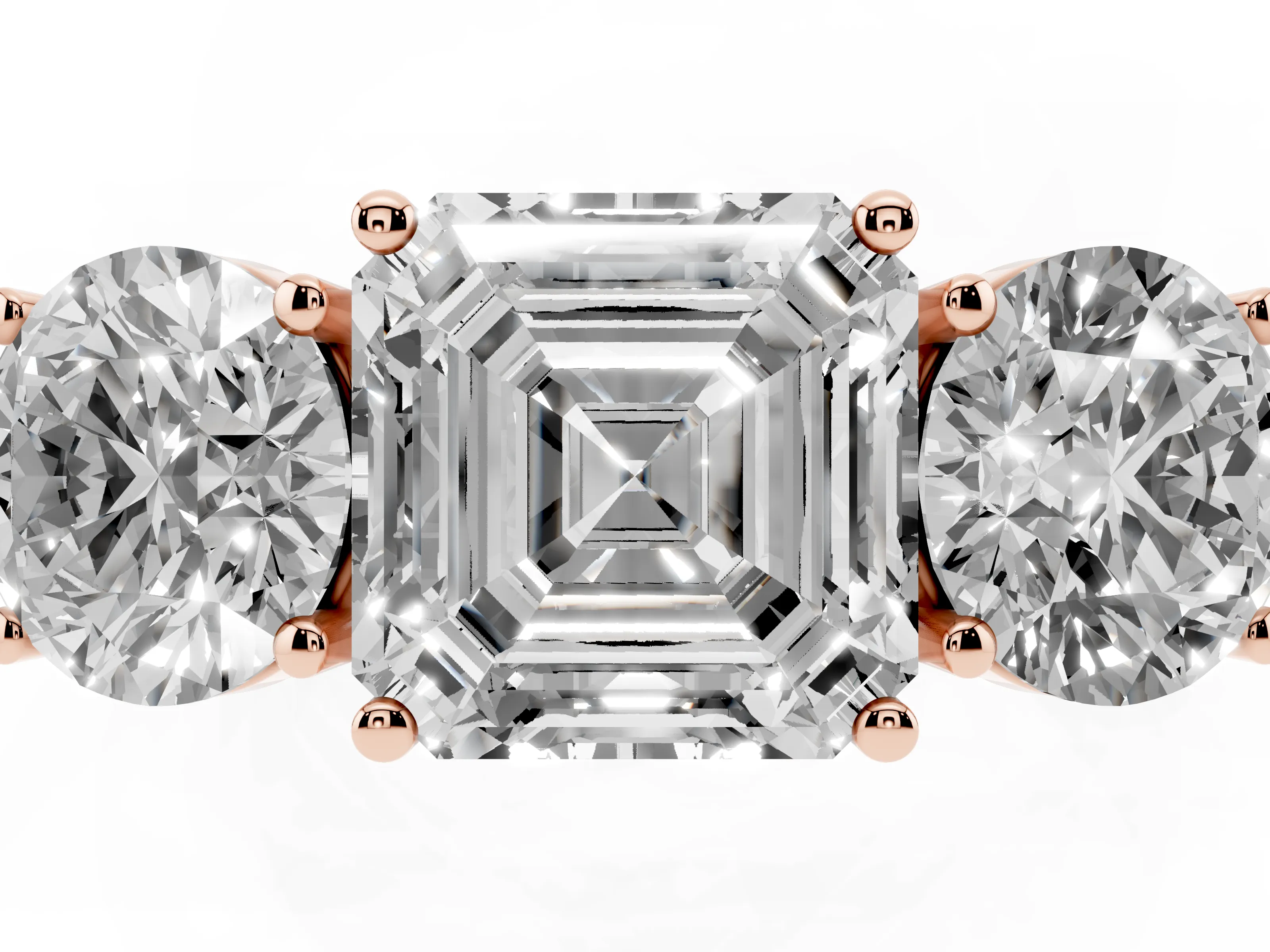 Asscher Cut Diamond Three-Stone Ring Set in Rose gold with Channel-Set Accent Band