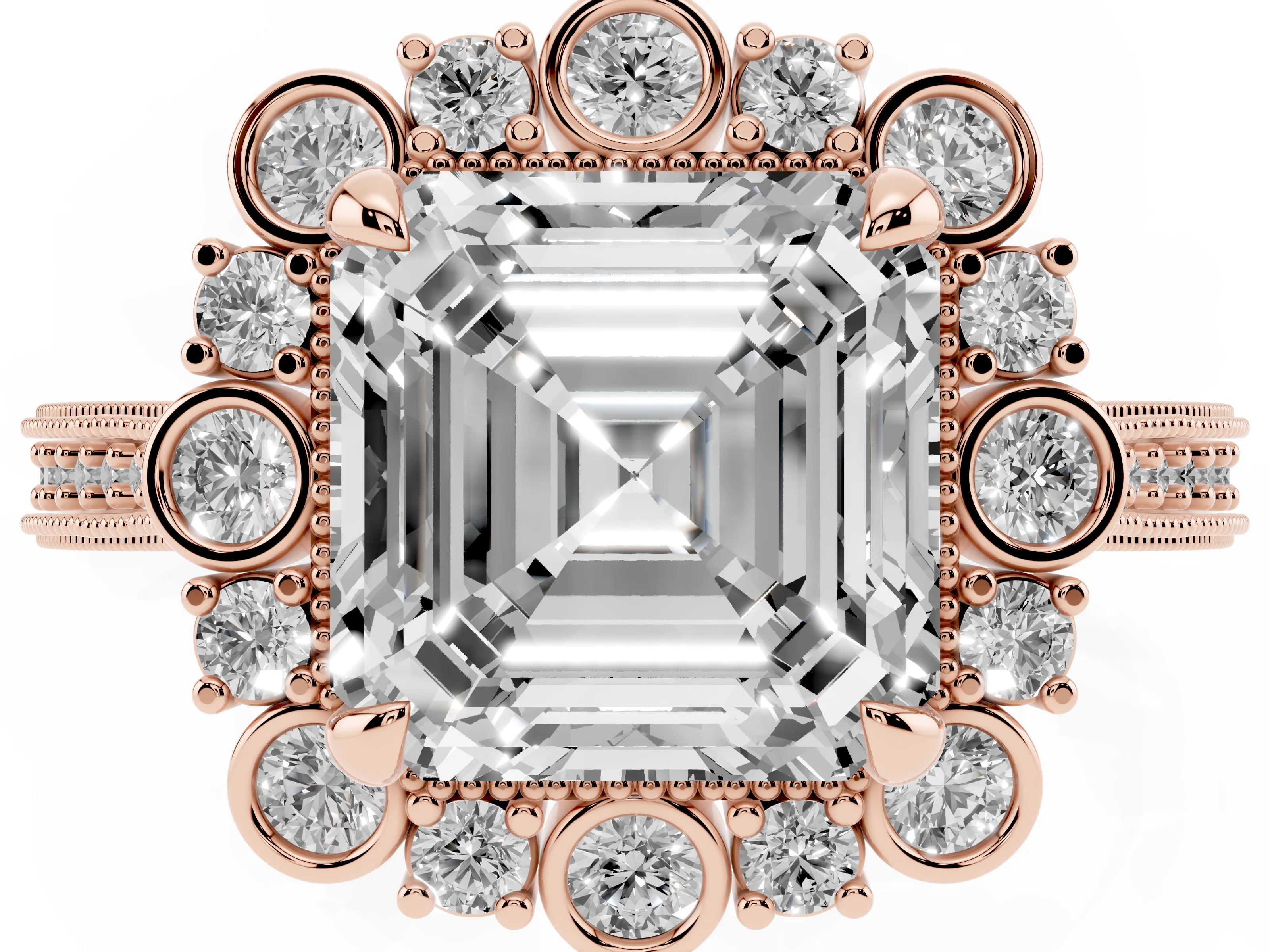 Asscher Cut Diamond Halo Milgrain Pavé Ring Set in Rose gold with Prong Setting