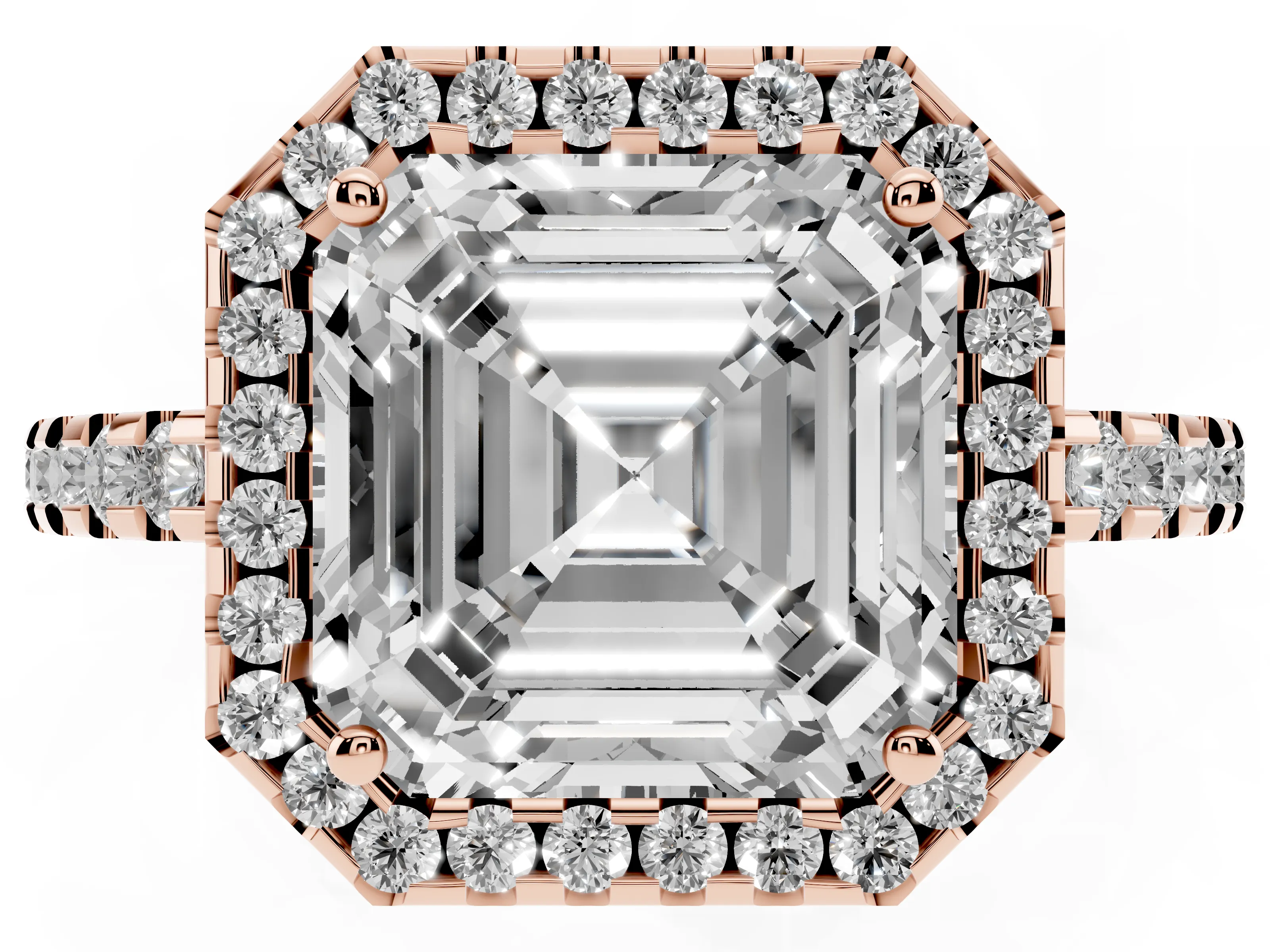 Asscher Cut Diamond Halo Ring Set in Rose gold with Pavé Shoulders and Halo-Framed Center