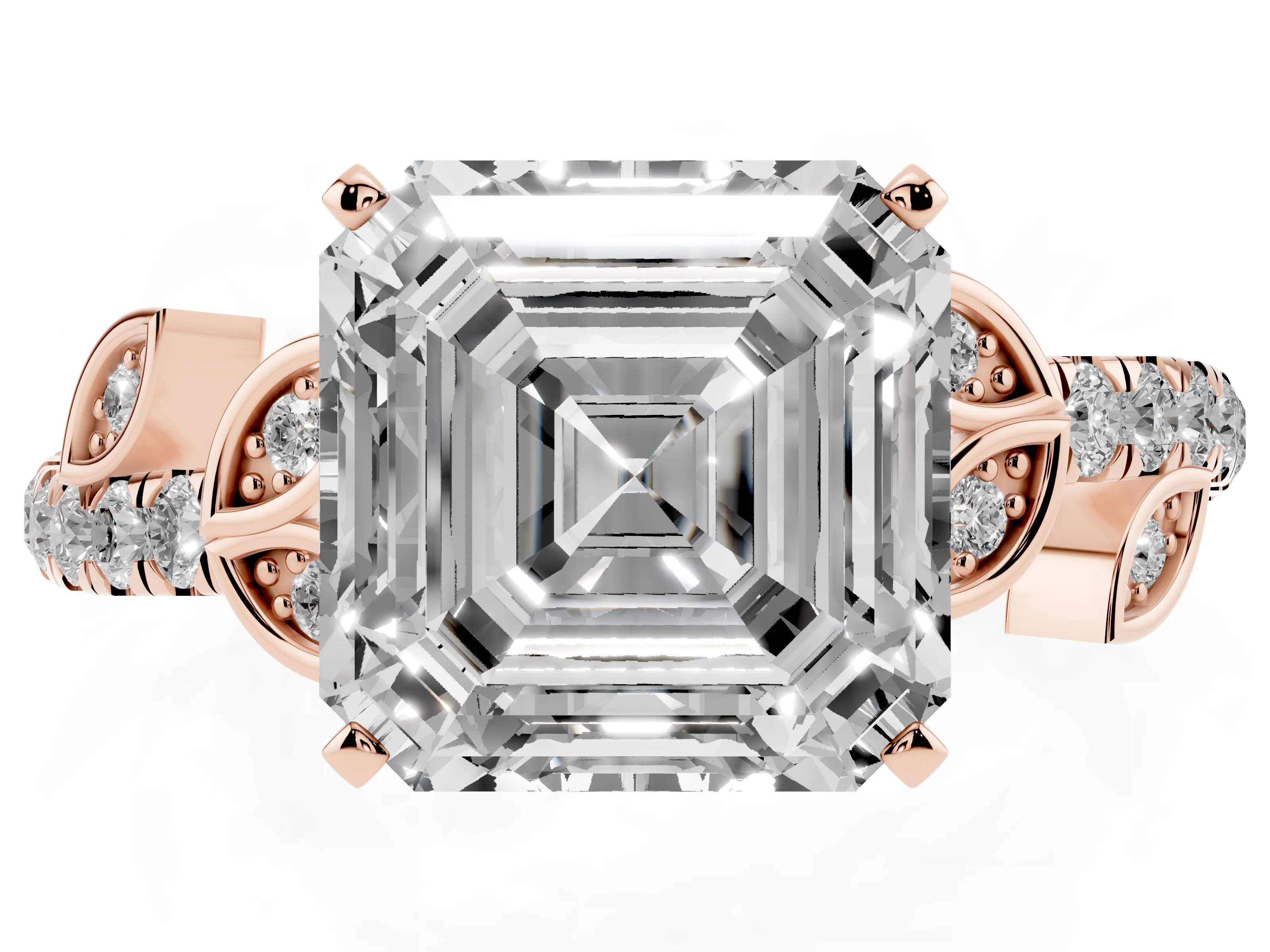 Asscher Cut Diamond Solitaire Leaf-Inspired Ring Set in Rose gold with Pavé Band and Prong Setting